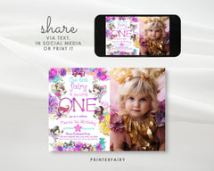 Fairy First Birthday Invitation with Photo, Editable Girl Invite (Digital Download)
