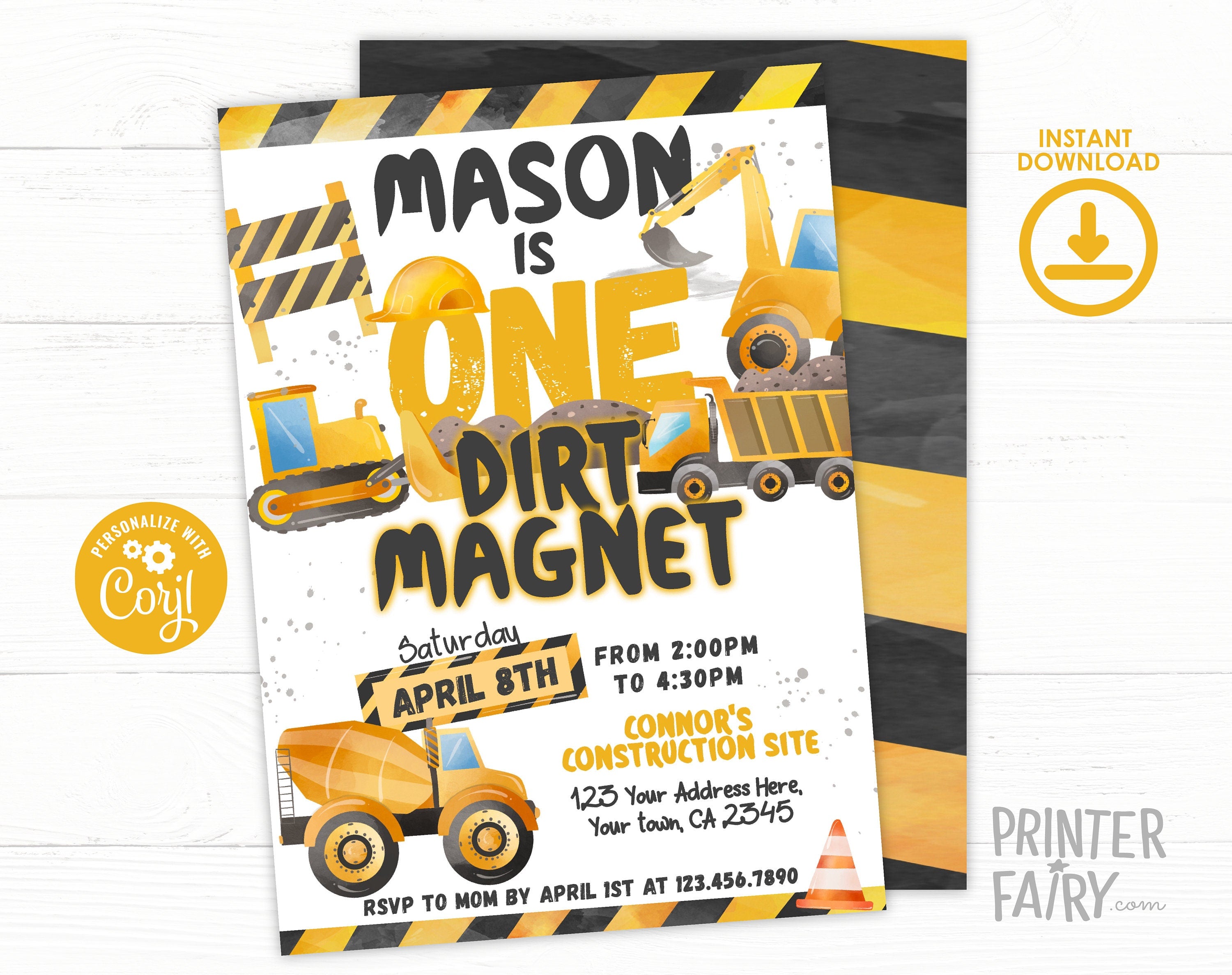 Construction 1st Birthday Invitation, Dump Truck, Editable Template (Digital Download)