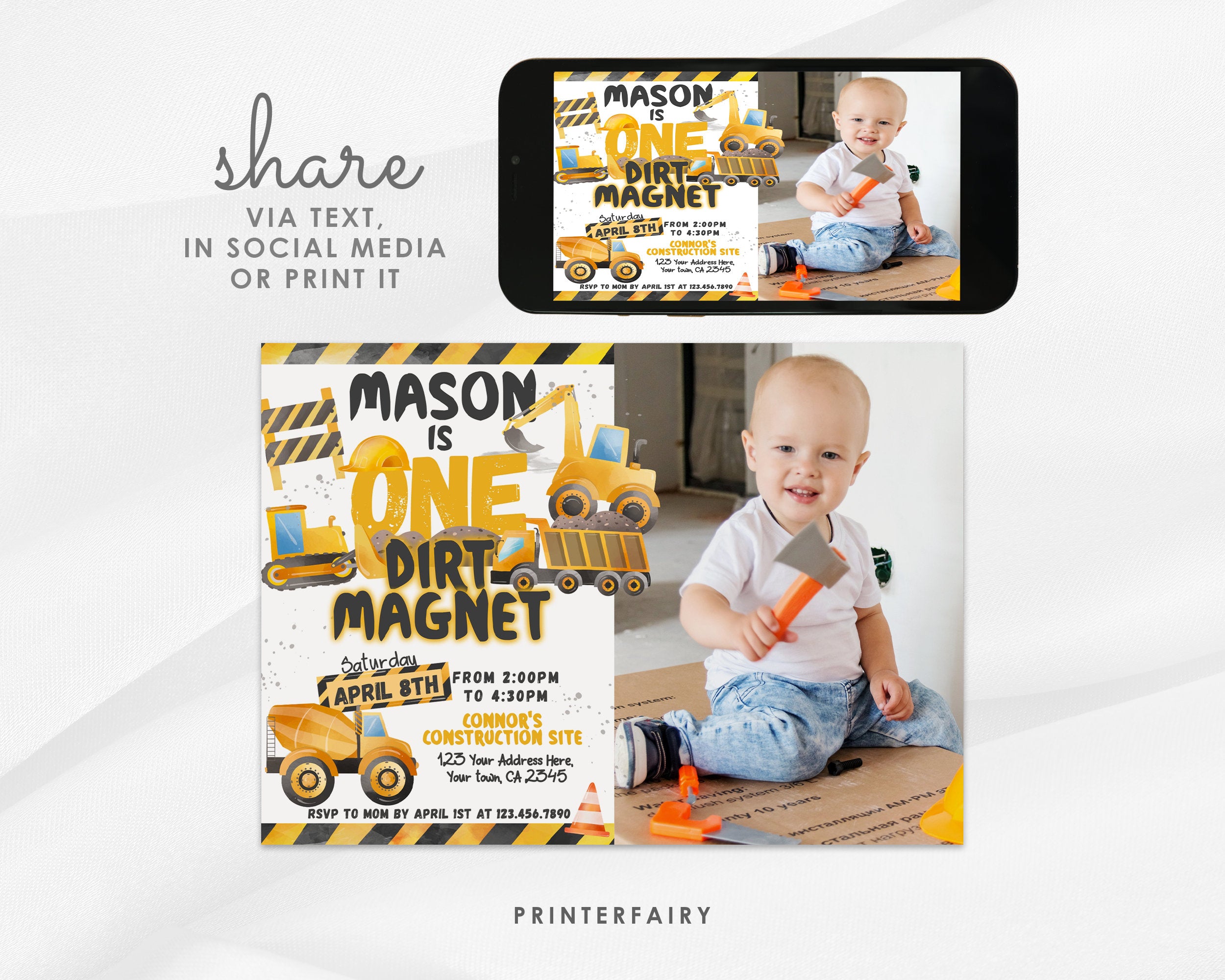 Construction 1st Birthday Invitation with Photo (Instant Download)