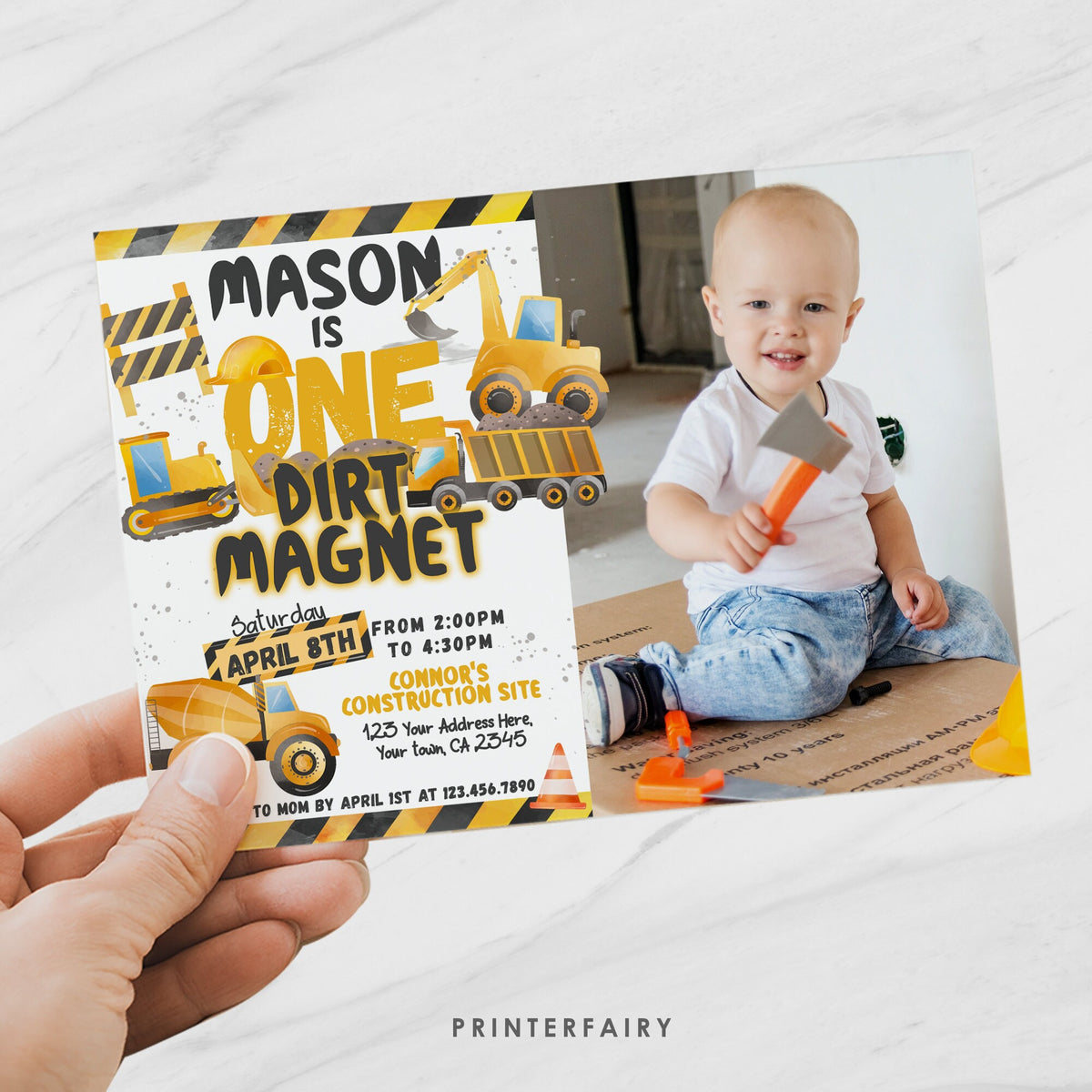 Construction 1st Birthday Invitation with Photo (Instant Download)