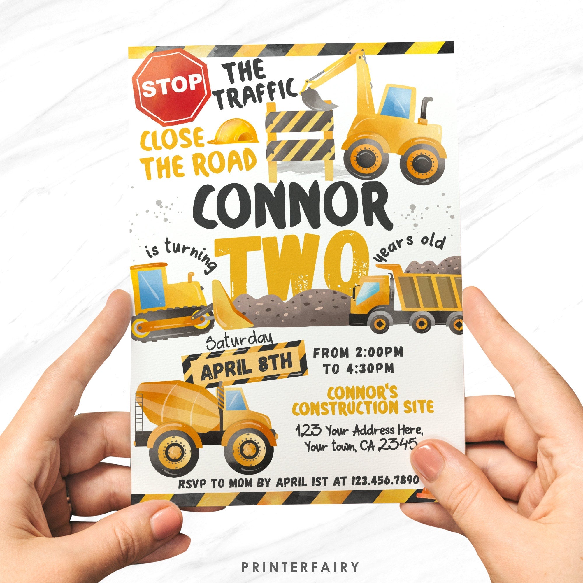 Editable Construction Truck Birthday Invitation, Second Birthday (Corjl Template)