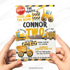 Editable Construction Truck Birthday Invitation, Second Birthday (Corjl Template)