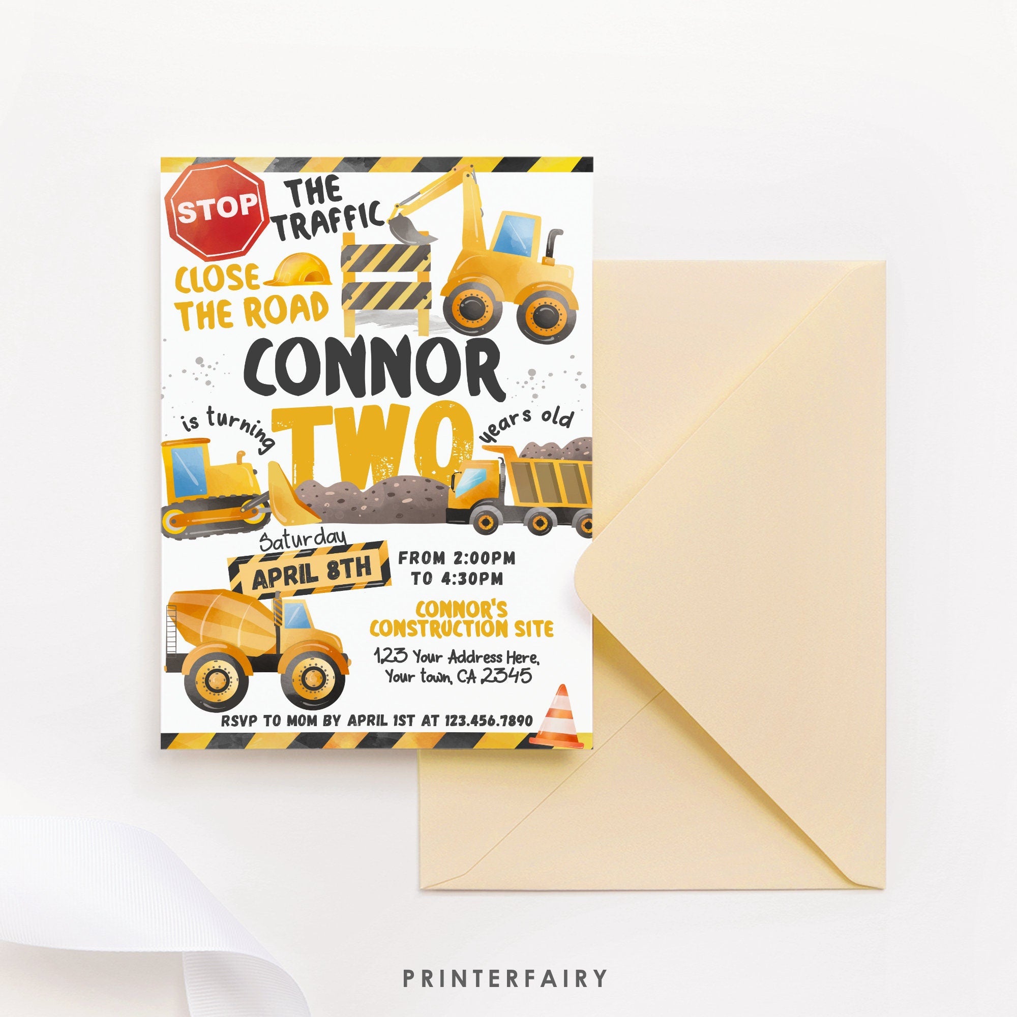 Editable Construction Truck Birthday Invitation, Second Birthday (Corjl Template)