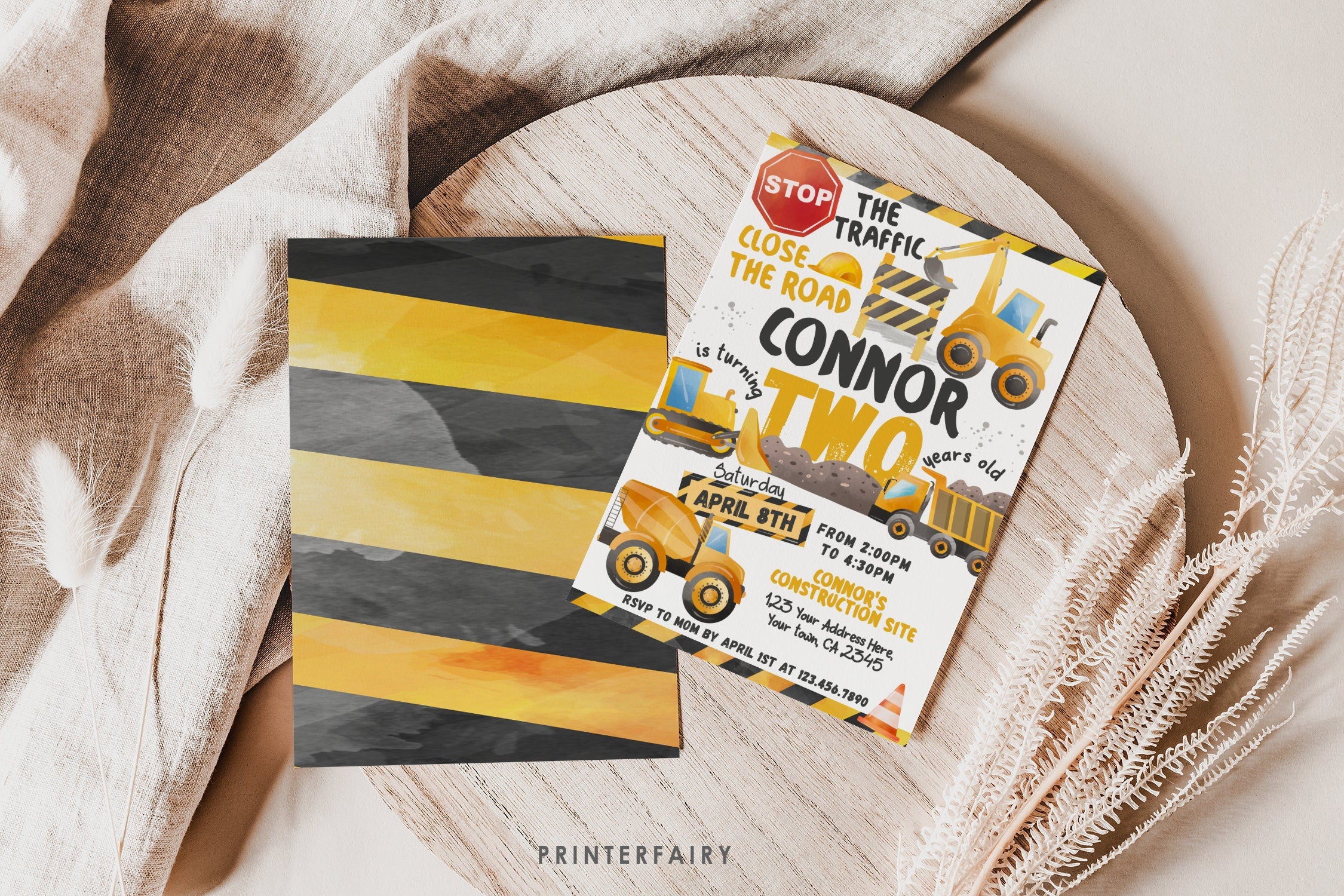 Editable Construction Truck Birthday Invitation, Second Birthday (Corjl Template)