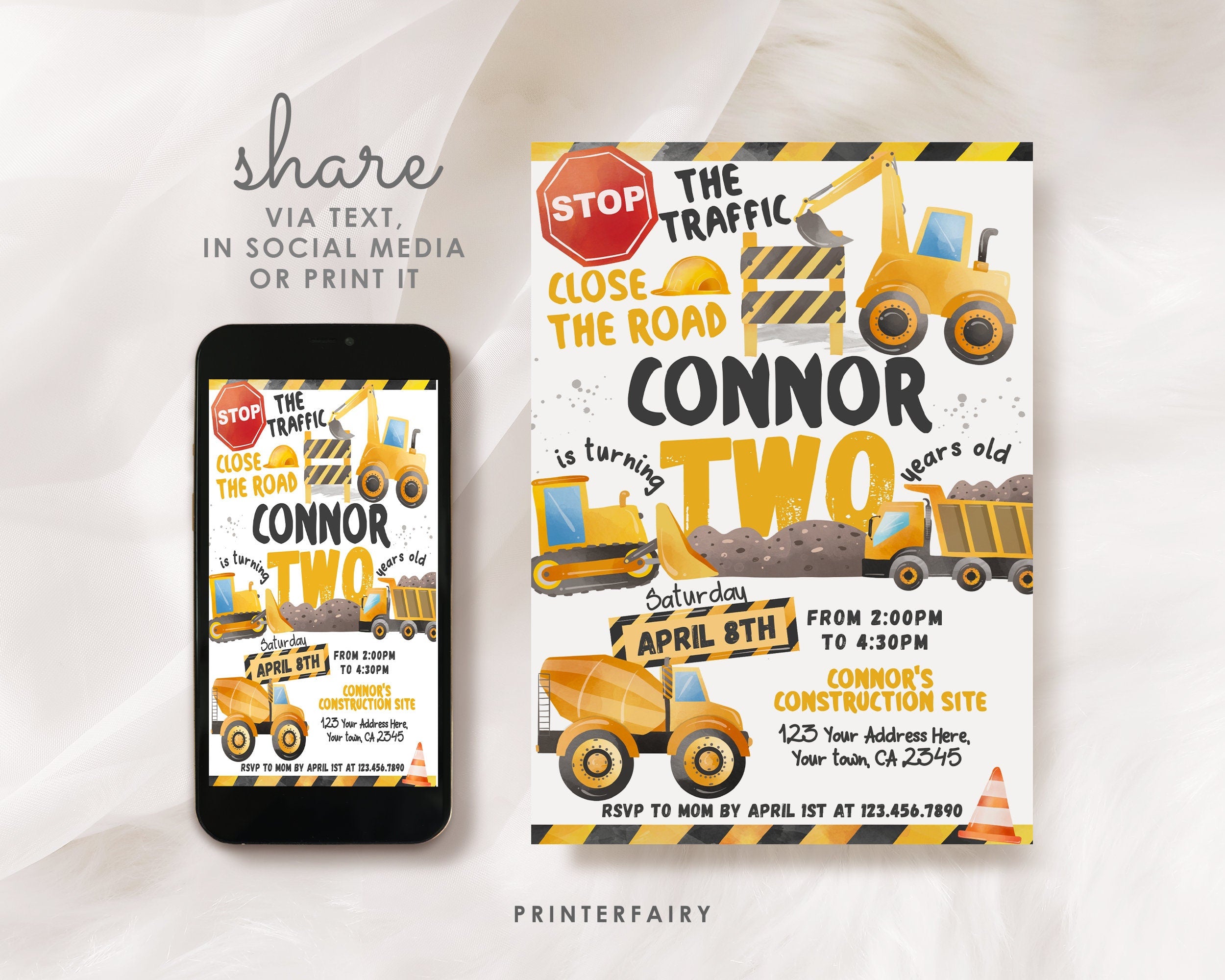 Editable Construction Truck Birthday Invitation, Second Birthday (Corjl Template)