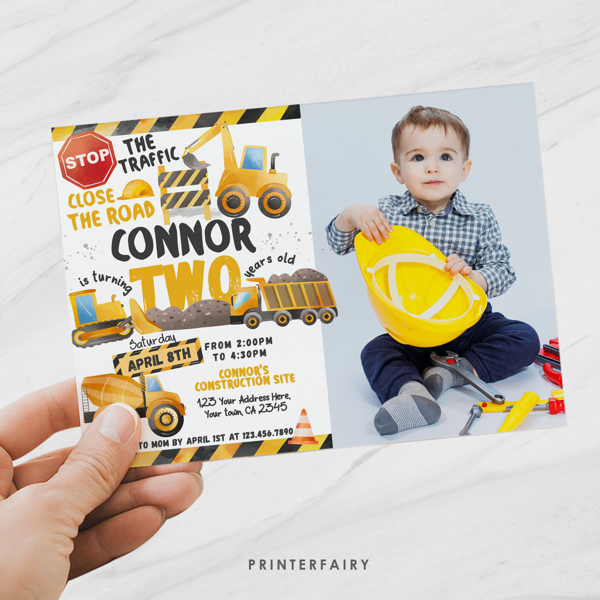 Editable Construction Truck Birthday Invitation with Photo (Digital Download)