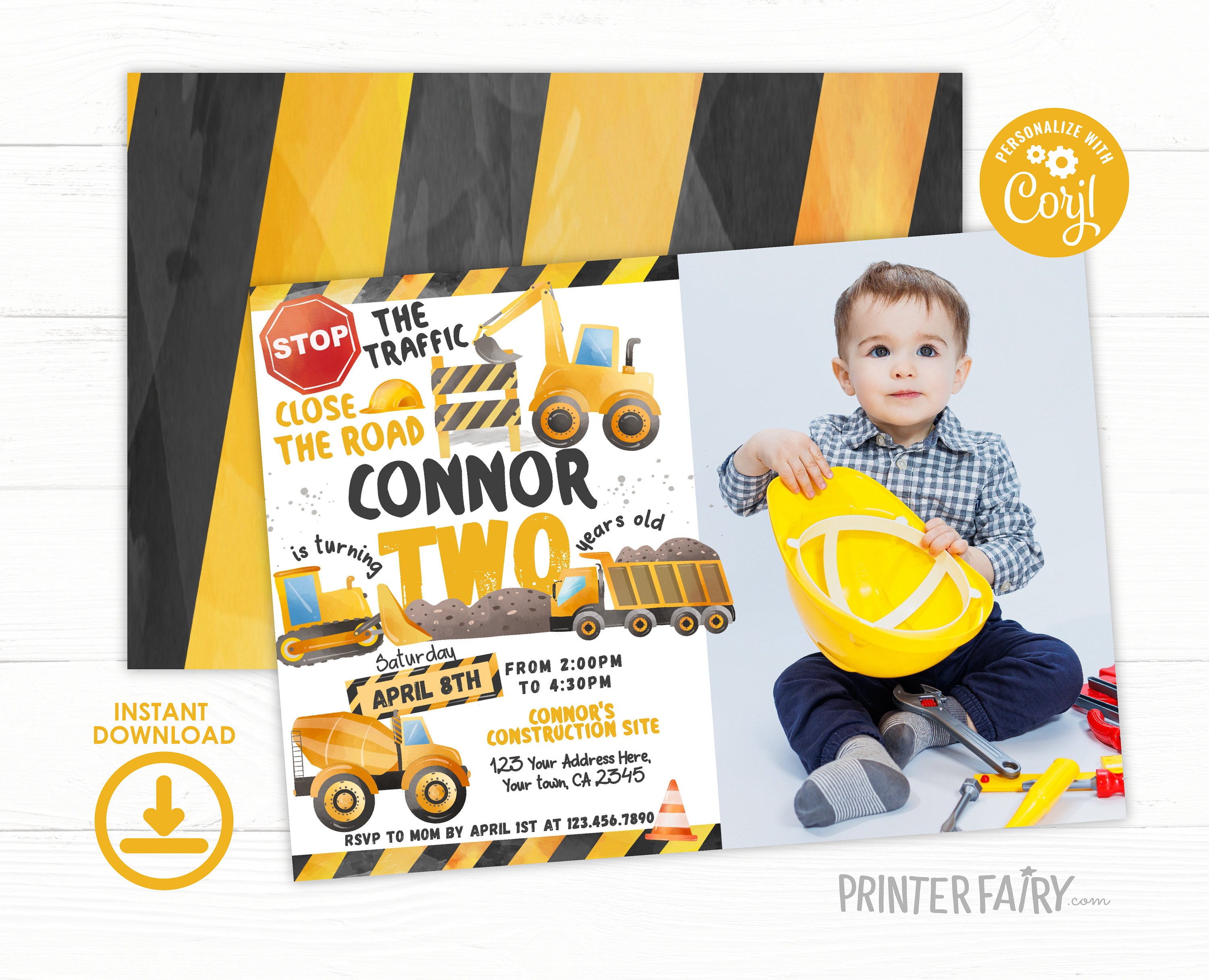 Editable Construction Truck Birthday Invitation with Photo (Digital Download)