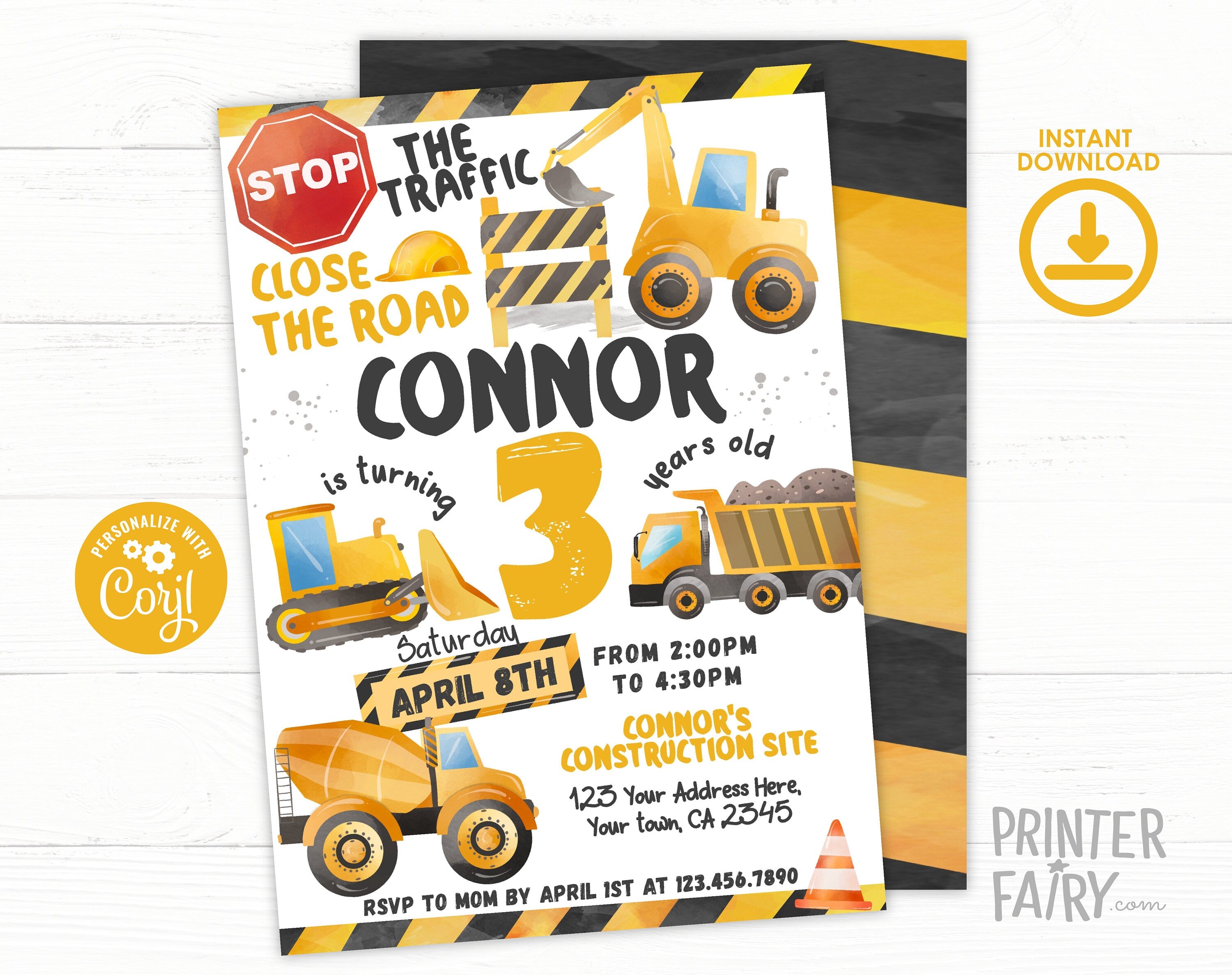 Construction Truck Birthday Invitation: Editable Corjl Template (Instant Download)