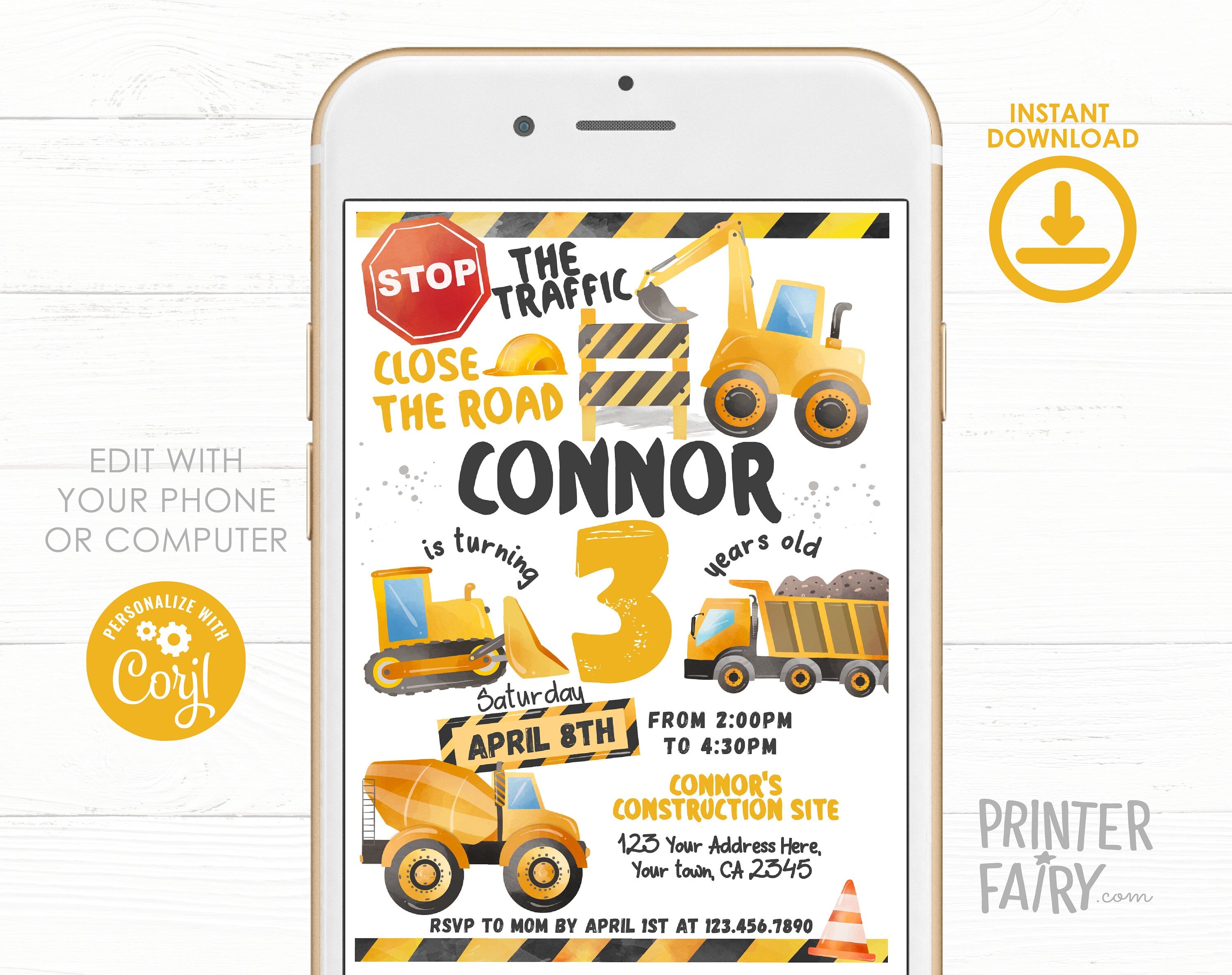 Construction Truck Birthday Invitation: Editable Corjl Template (Instant Download)