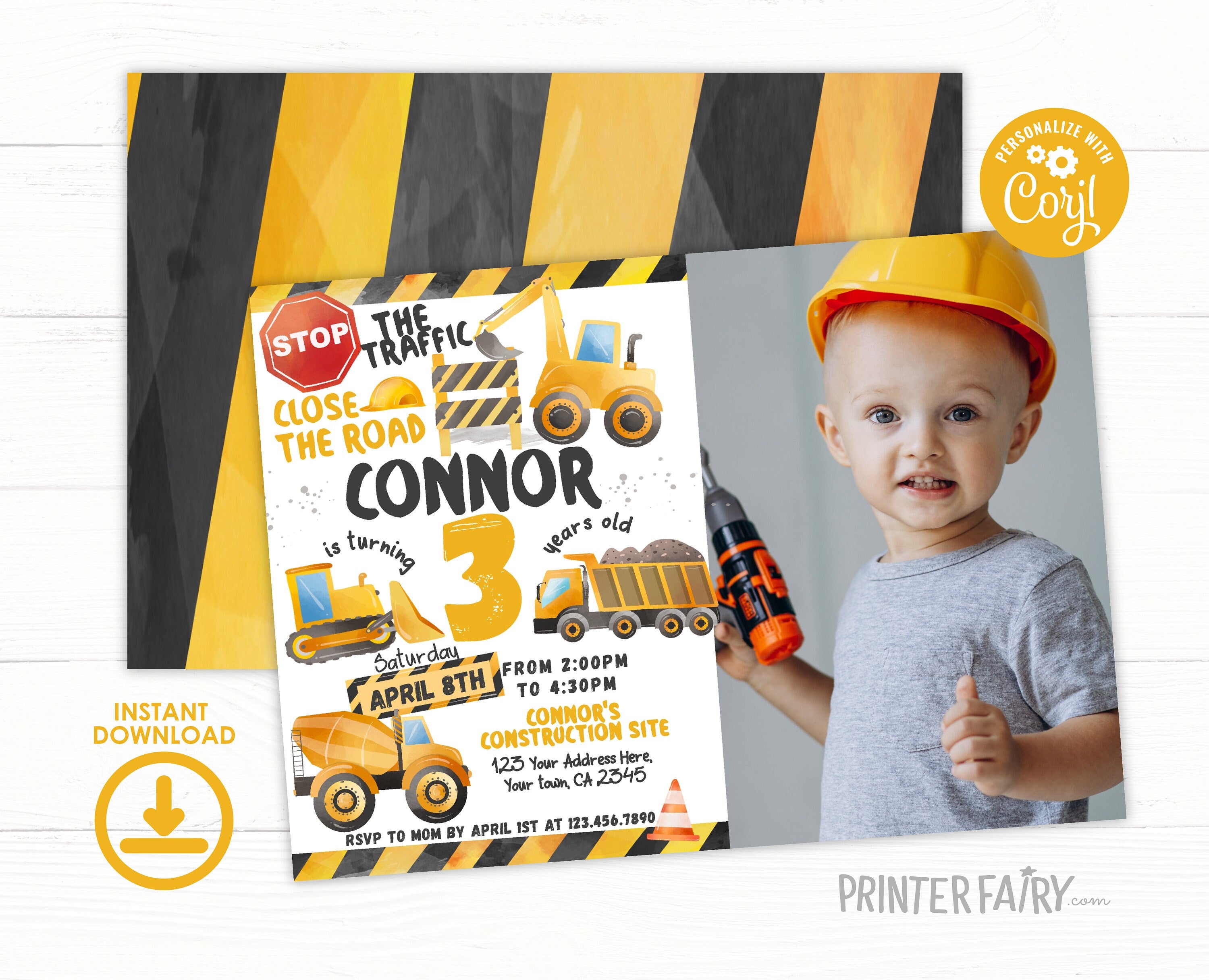 Construction Truck Birthday Invitation with Photo (Digital Download)