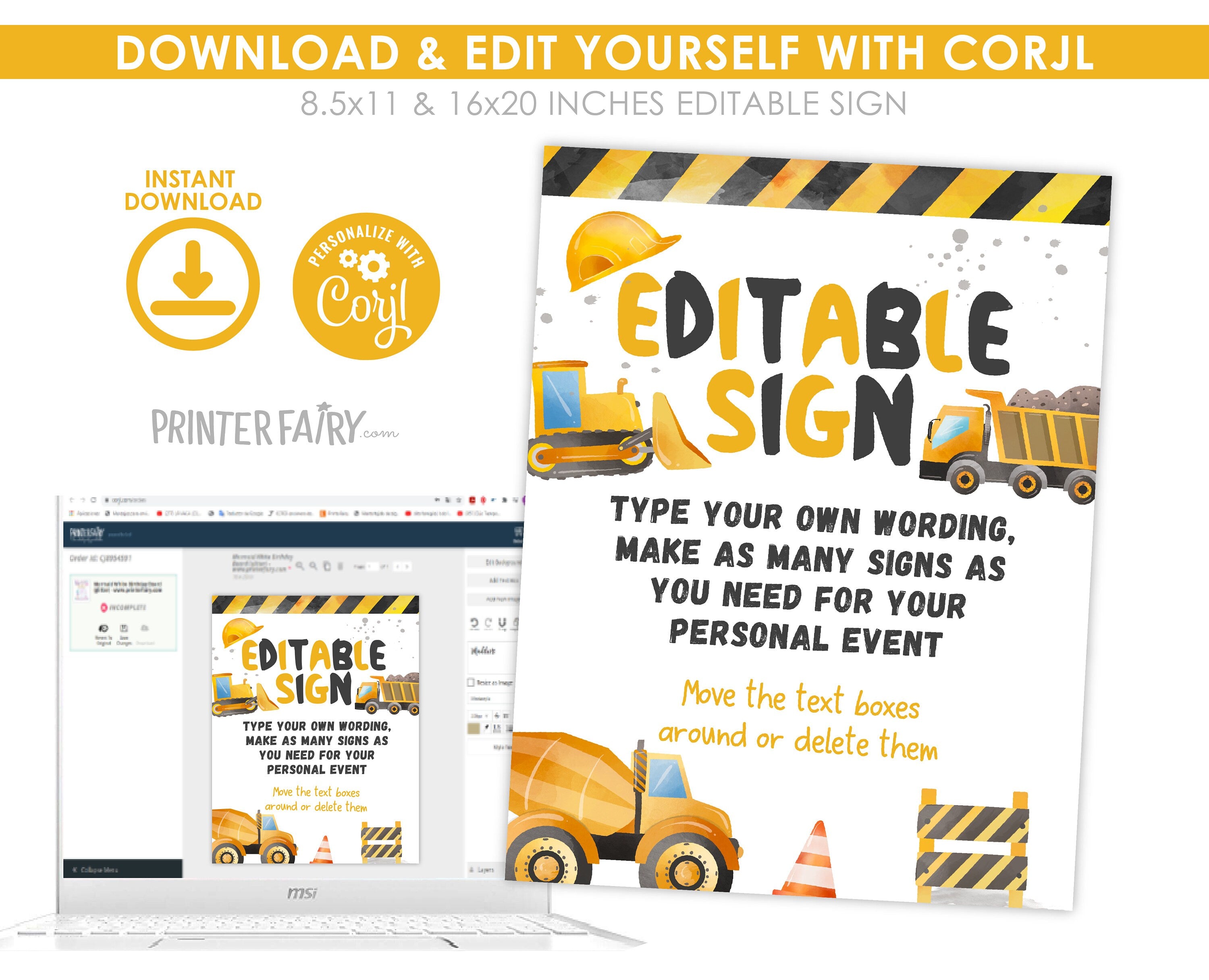Construction Birthday Sign: Dump Truck Party Decoration (Editable, Instant Download)