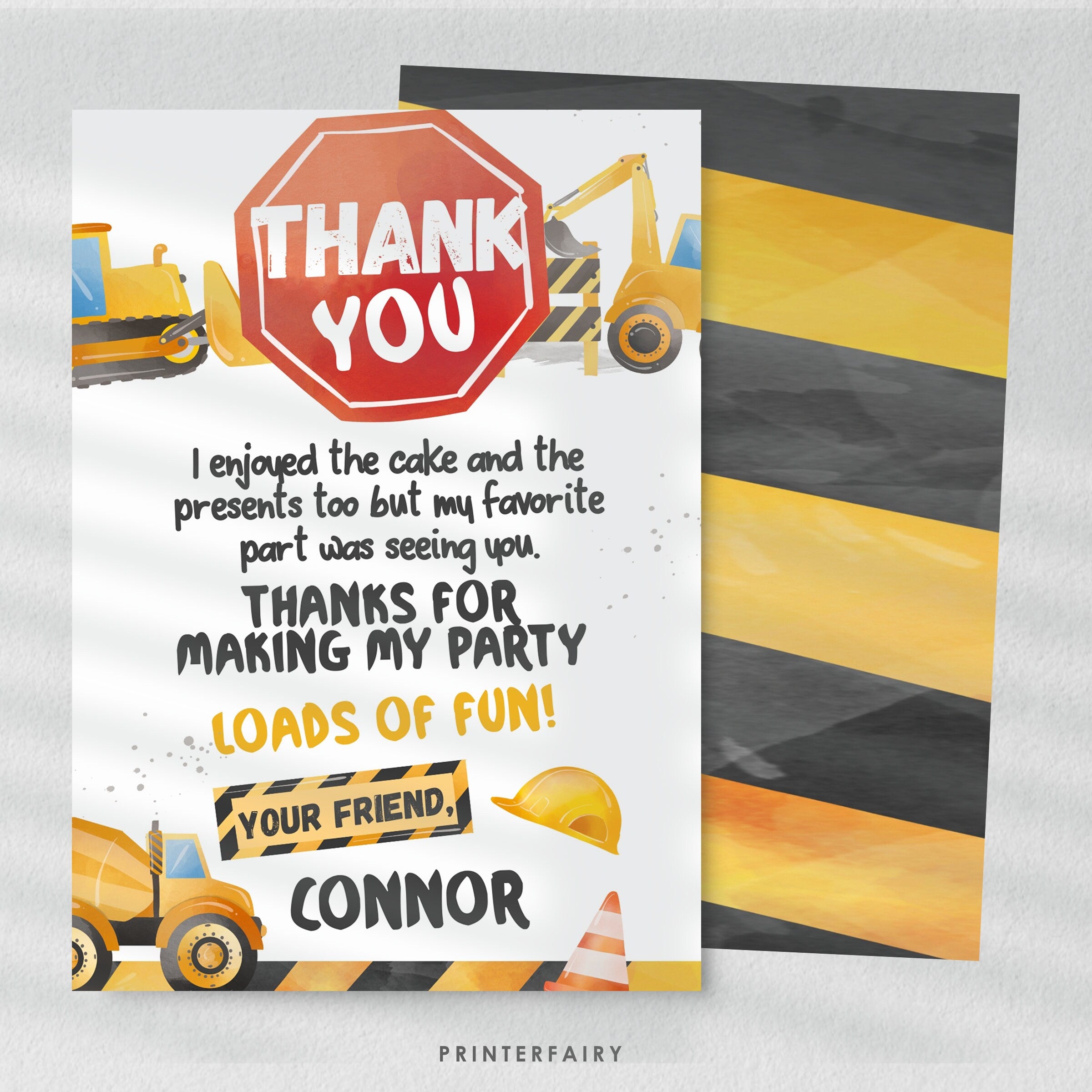 Construction Birthday Thank You Card: Dump Truck Party (Editable, Instant Download)
