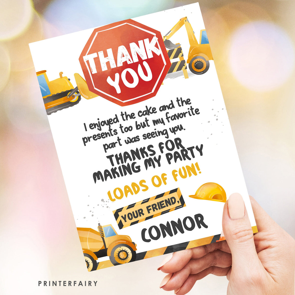 Construction Birthday Thank You Card: Dump Truck Party (Editable, Instant Download)