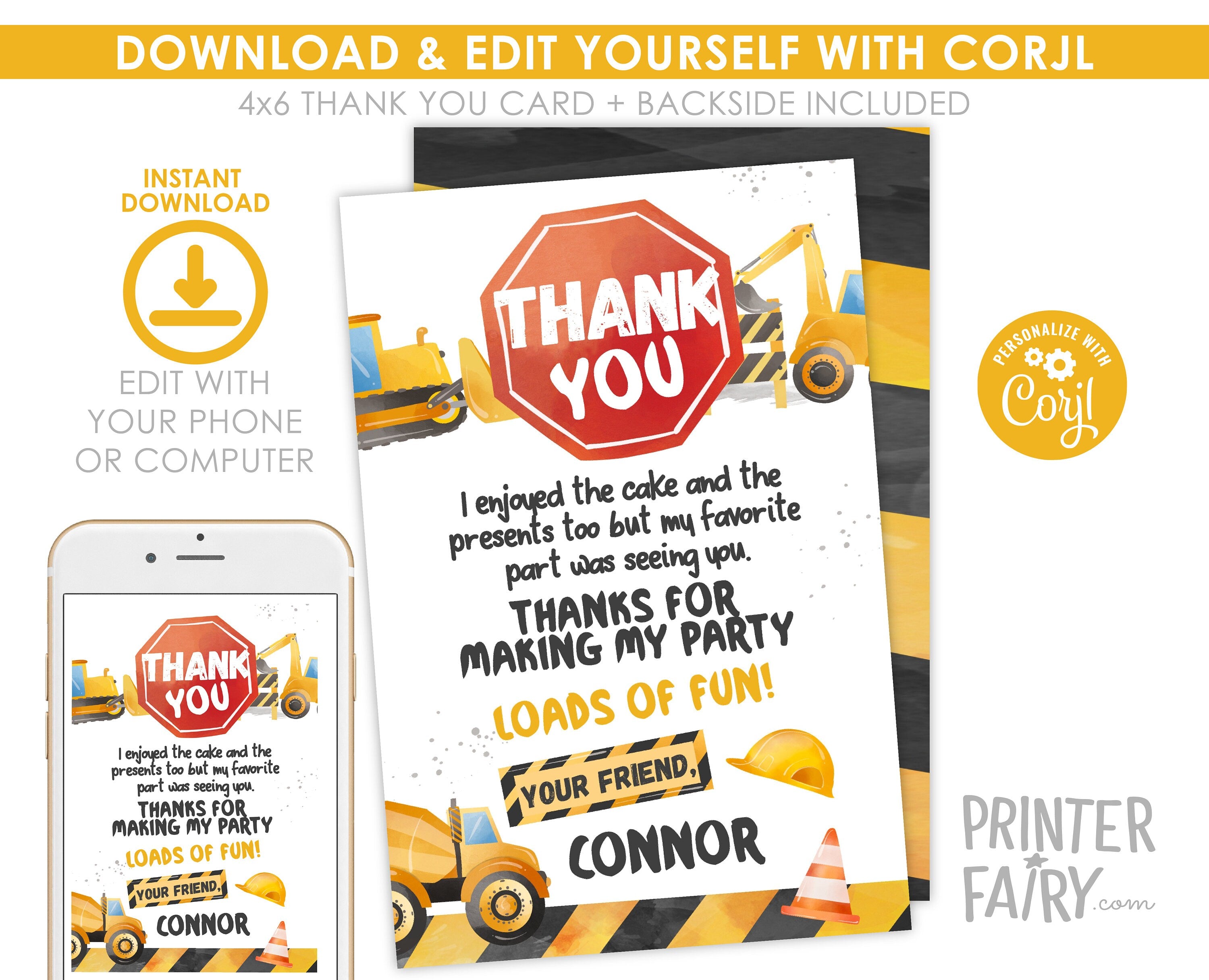 Construction Birthday Thank You Card: Dump Truck Party (Editable, Instant Download)