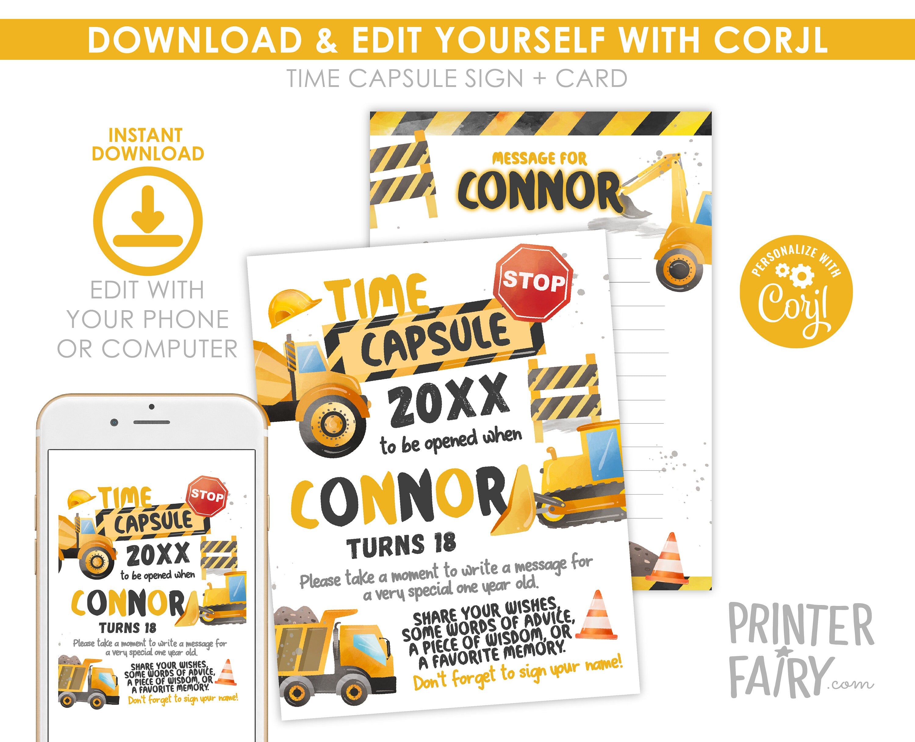 Construction Birthday Time Capsule: Dump Truck Party Decoration (Instant Download)