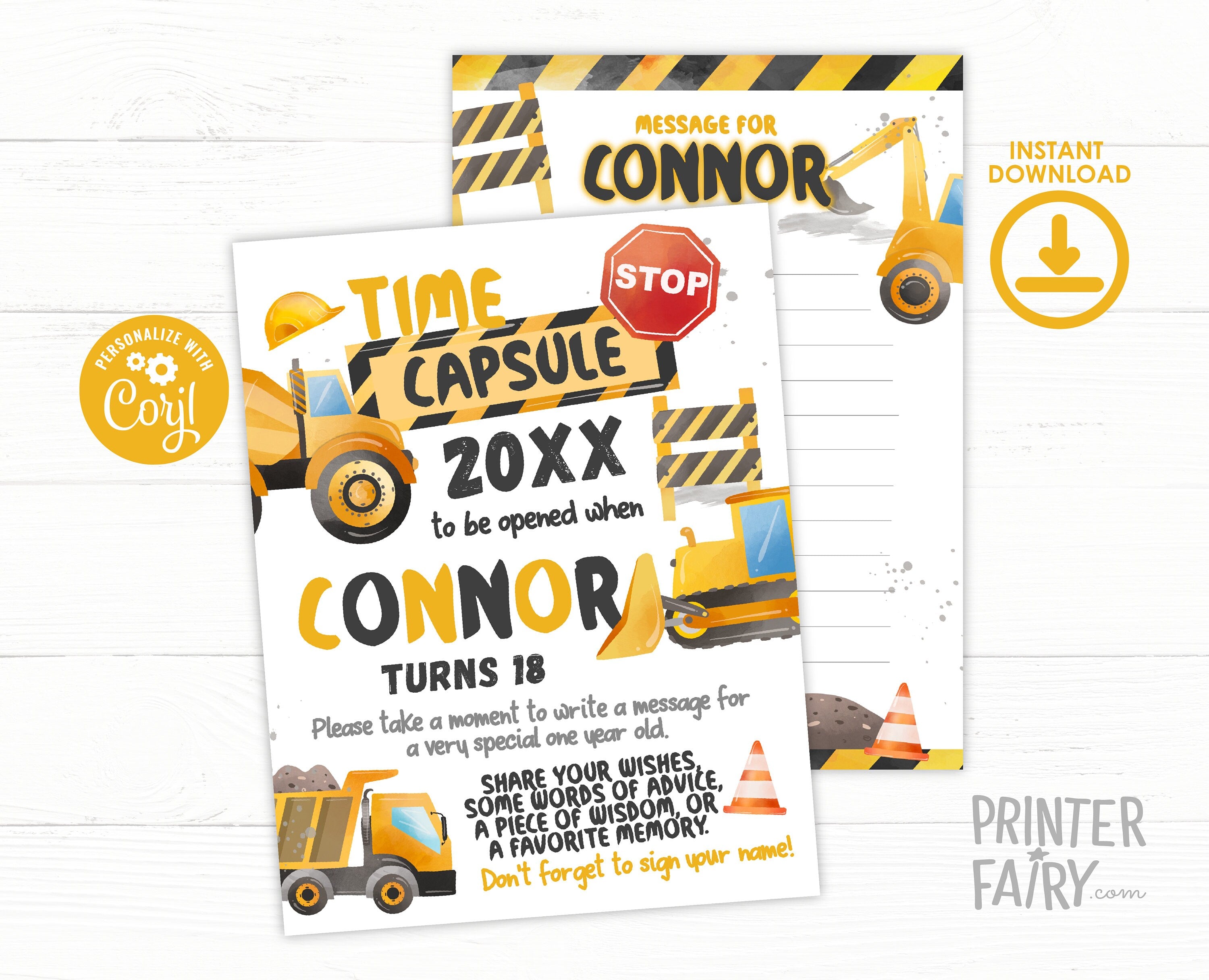 Construction Birthday Time Capsule: Dump Truck Party Decoration (Instant Download)