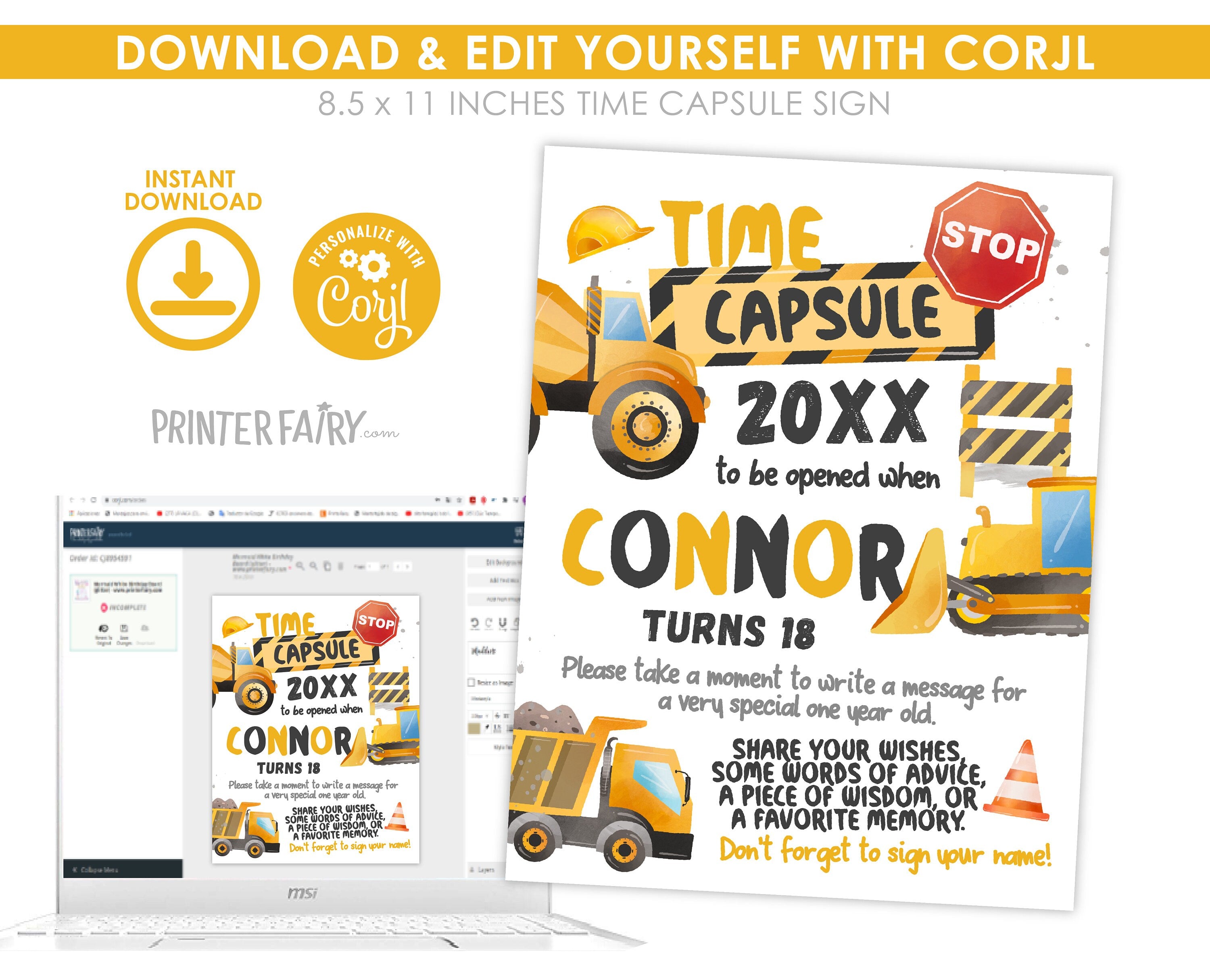 Construction Birthday Time Capsule: Dump Truck Party Decoration (Instant Download)
