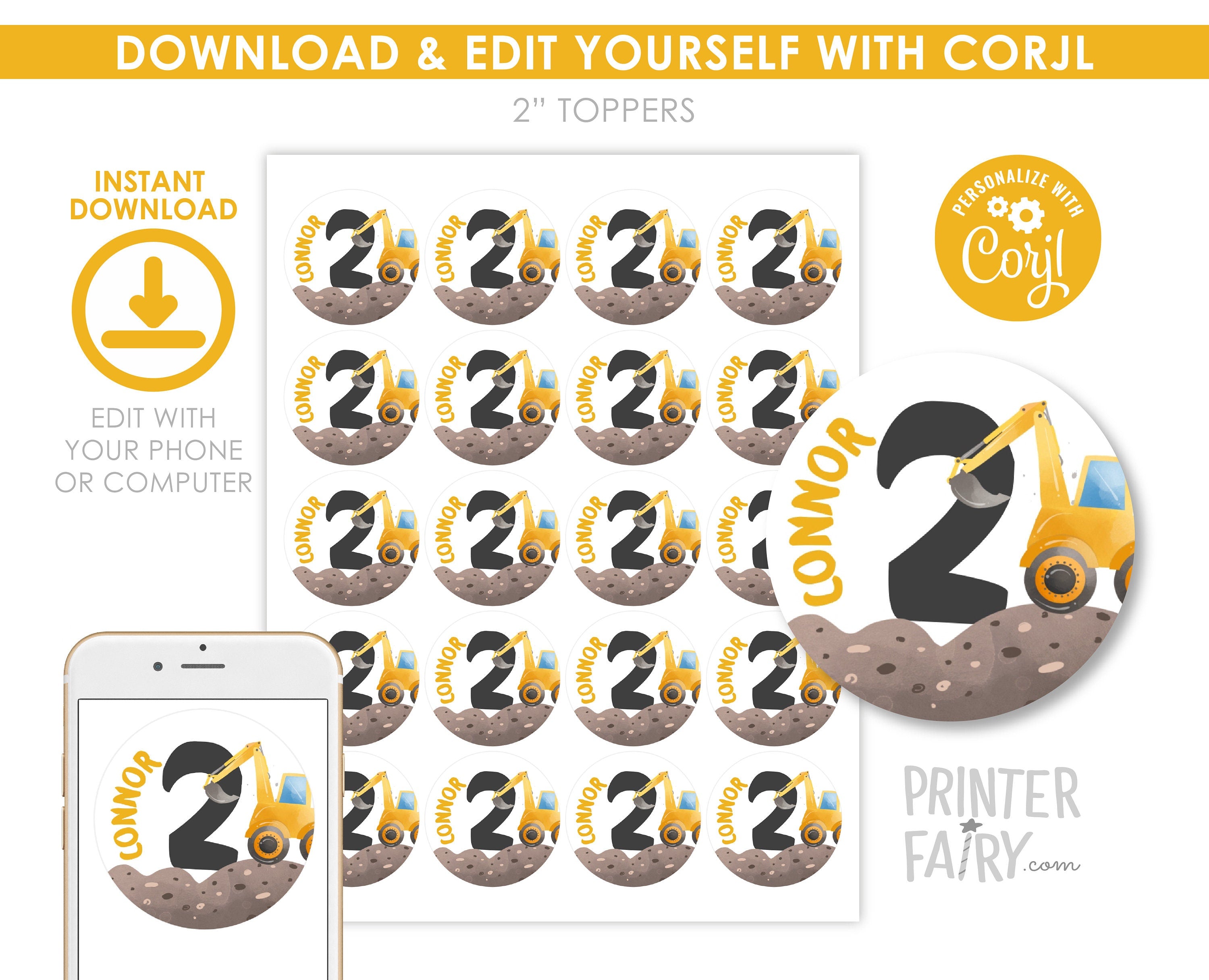 Construction Cupcake Toppers: Truck Birthday Party Decor (Editable, Instant Download)