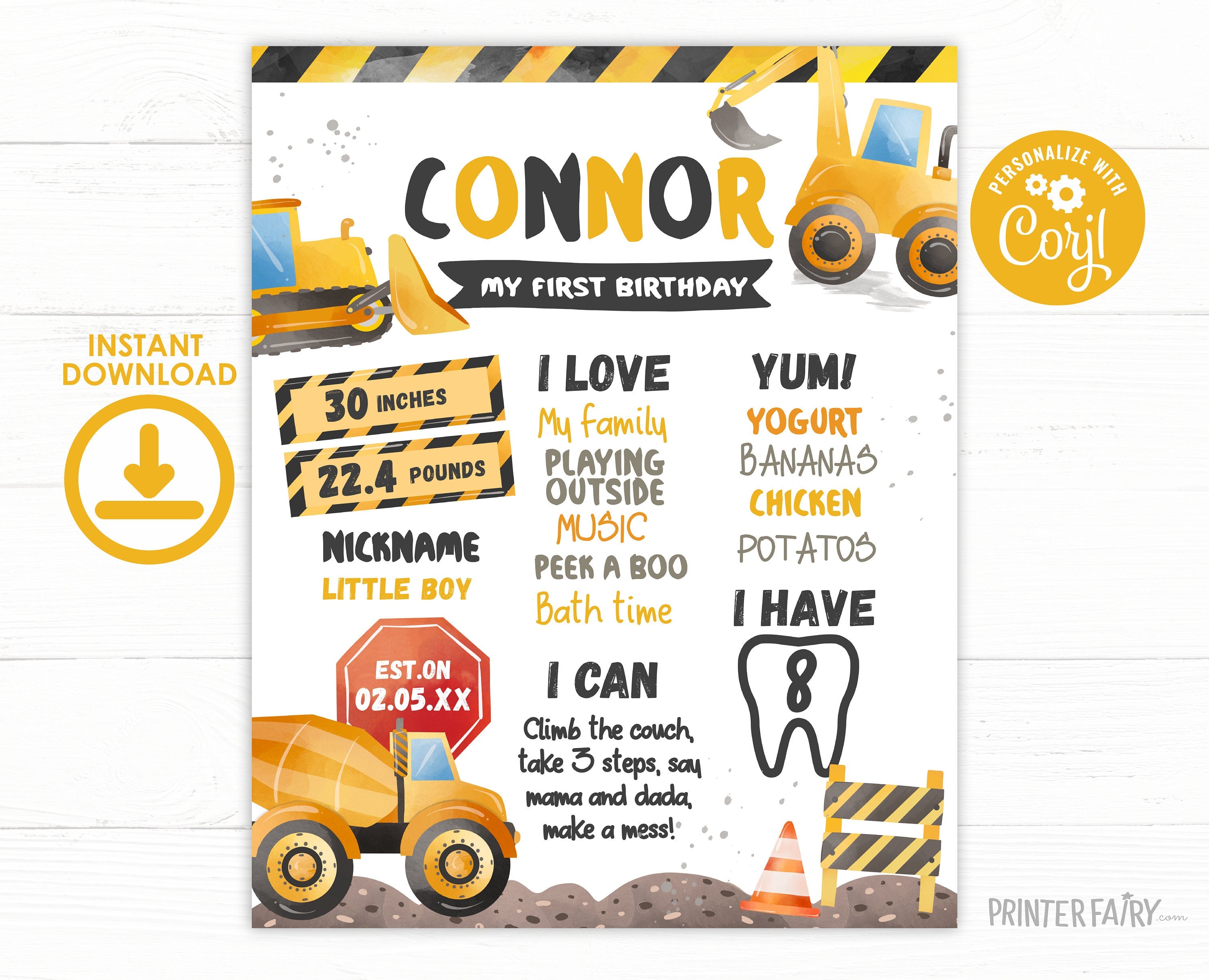 Construction First Birthday Stats Sign: Dump Truck Theme (Digital Download)