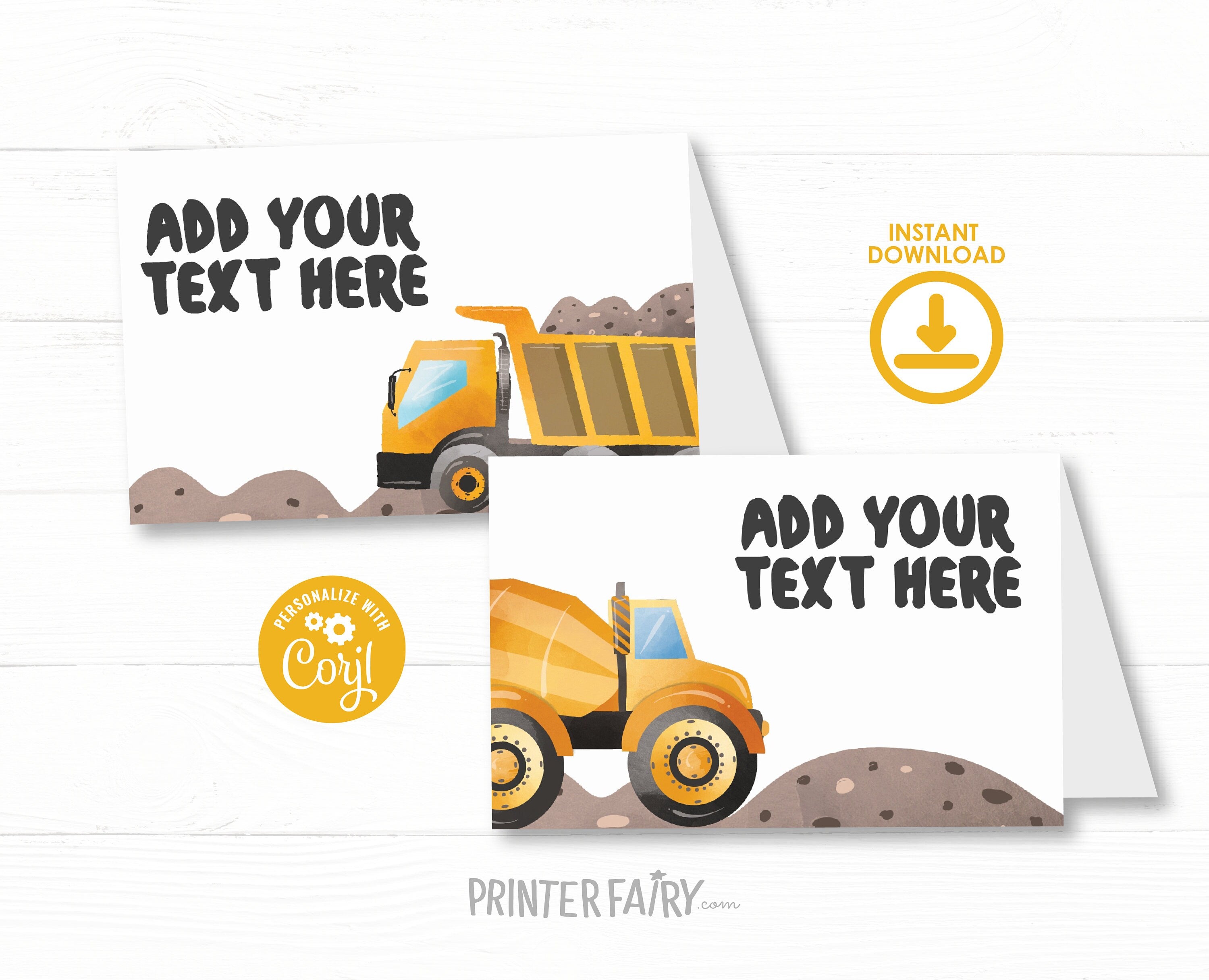 Construction Truck Birthday Food Tents: Editable Place Cards (Digital Download)