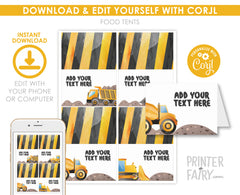 Construction Truck Birthday Food Tents: Editable Place Cards (Digital Download)