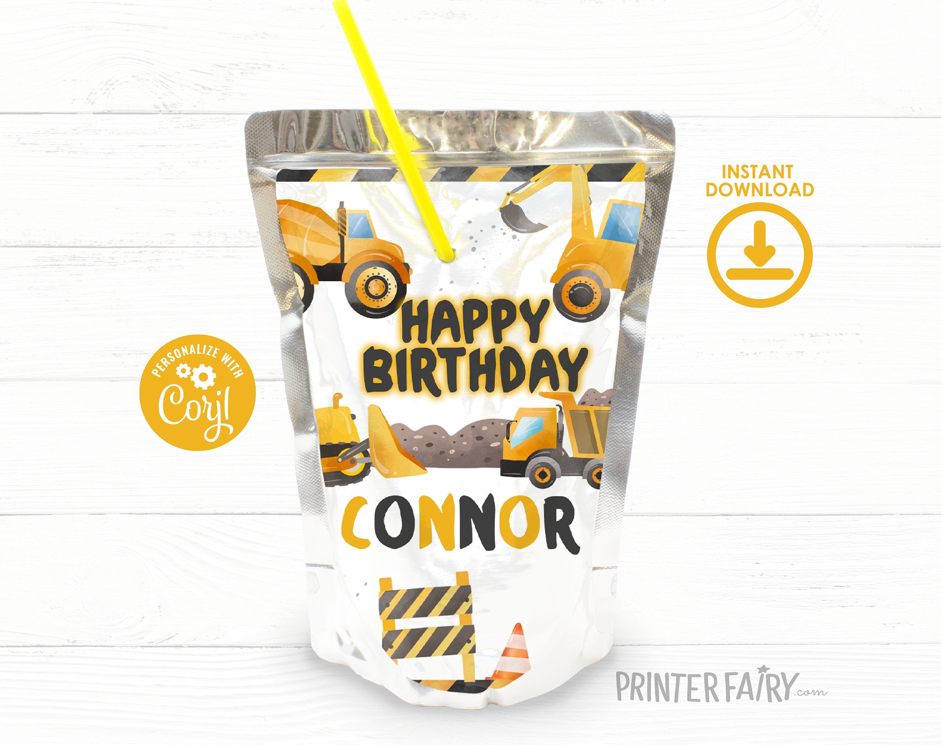 Construction Birthday Drink Pouch Labels: Editable Truck Party Stickers (Digital Download)