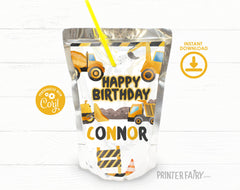 Construction Birthday Drink Pouch Labels: Editable Truck Party Stickers (Digital Download)