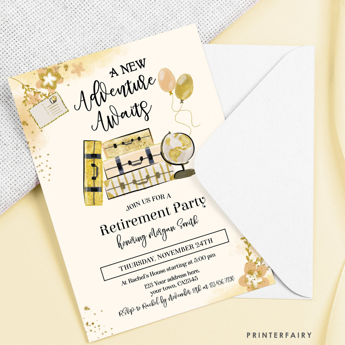 Retirement Party Invitation, "A New Adventure Awaits", Retire Invite Card, Instant Download, Editable  in Corjl