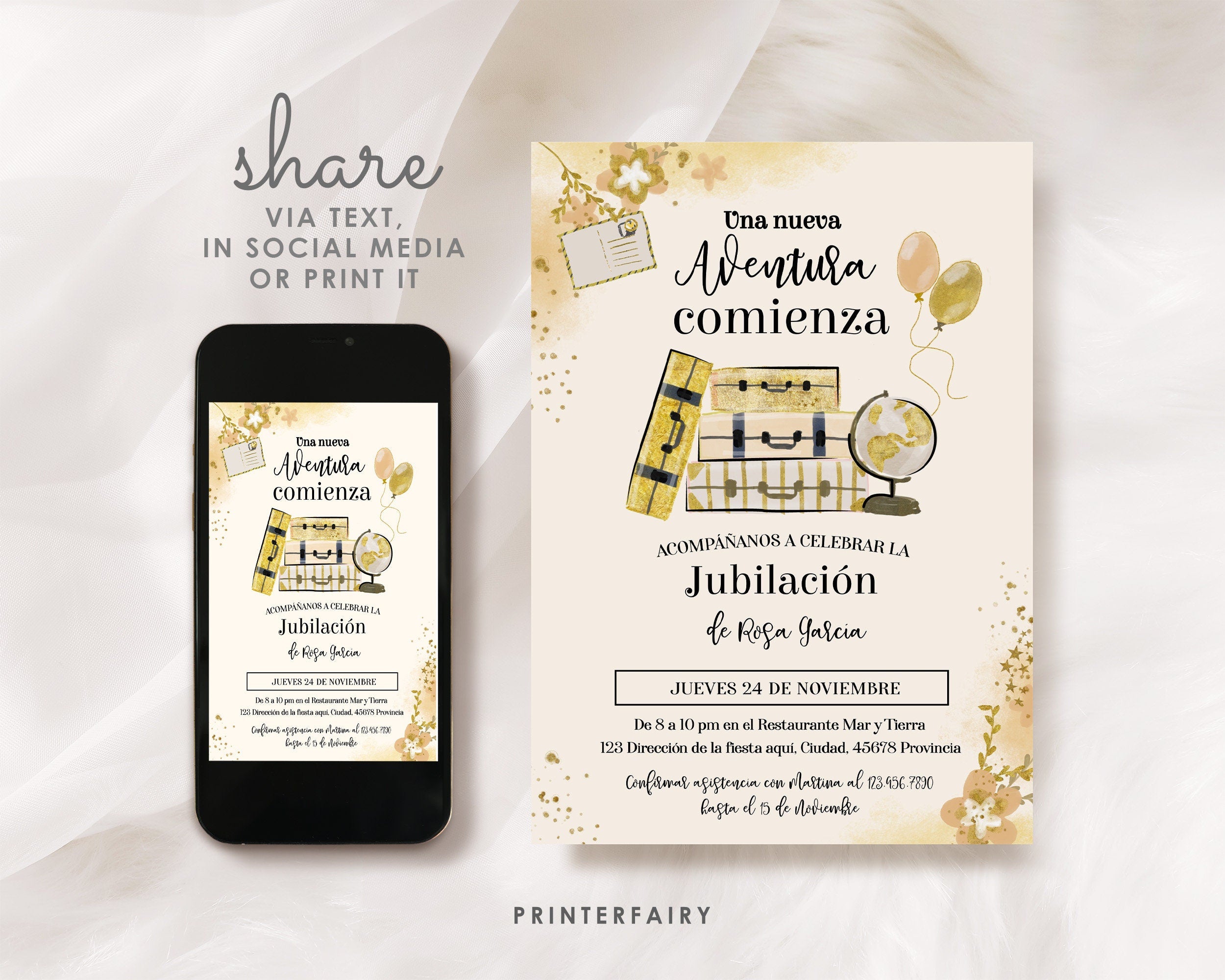 Retirement Party Invitation, "Una Nueva Aventura Comienza", Invitación de Jubilación, Fiesta de Retiro, Spanish, Español, Editable in Corjl