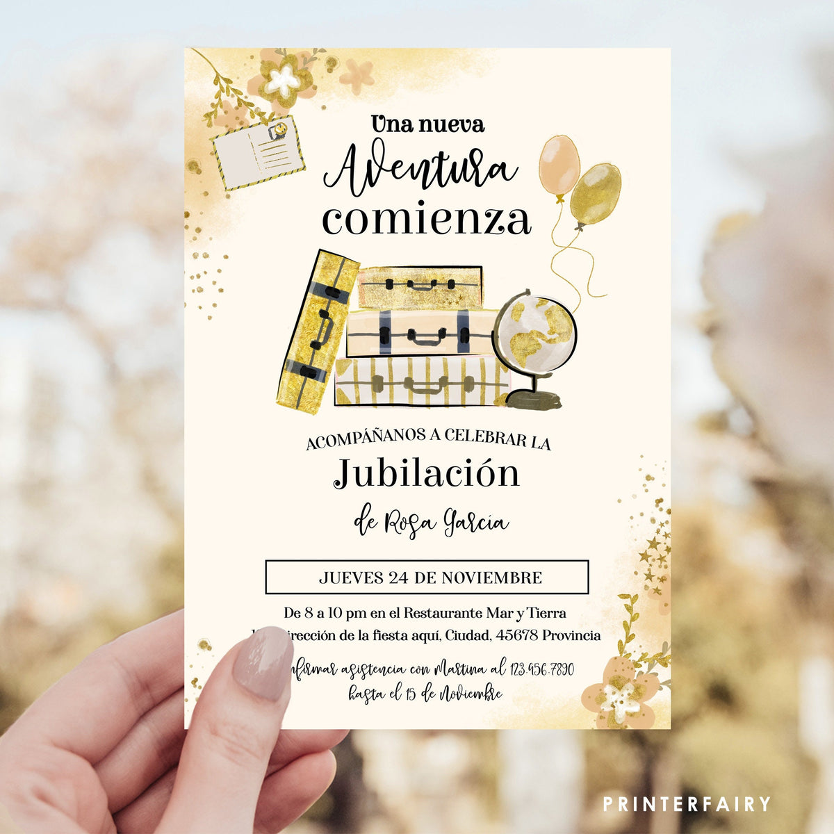 Retirement Party Invitation, "Una Nueva Aventura Comienza", Invitación de Jubilación, Fiesta de Retiro, Spanish, Español, Editable in Corjl