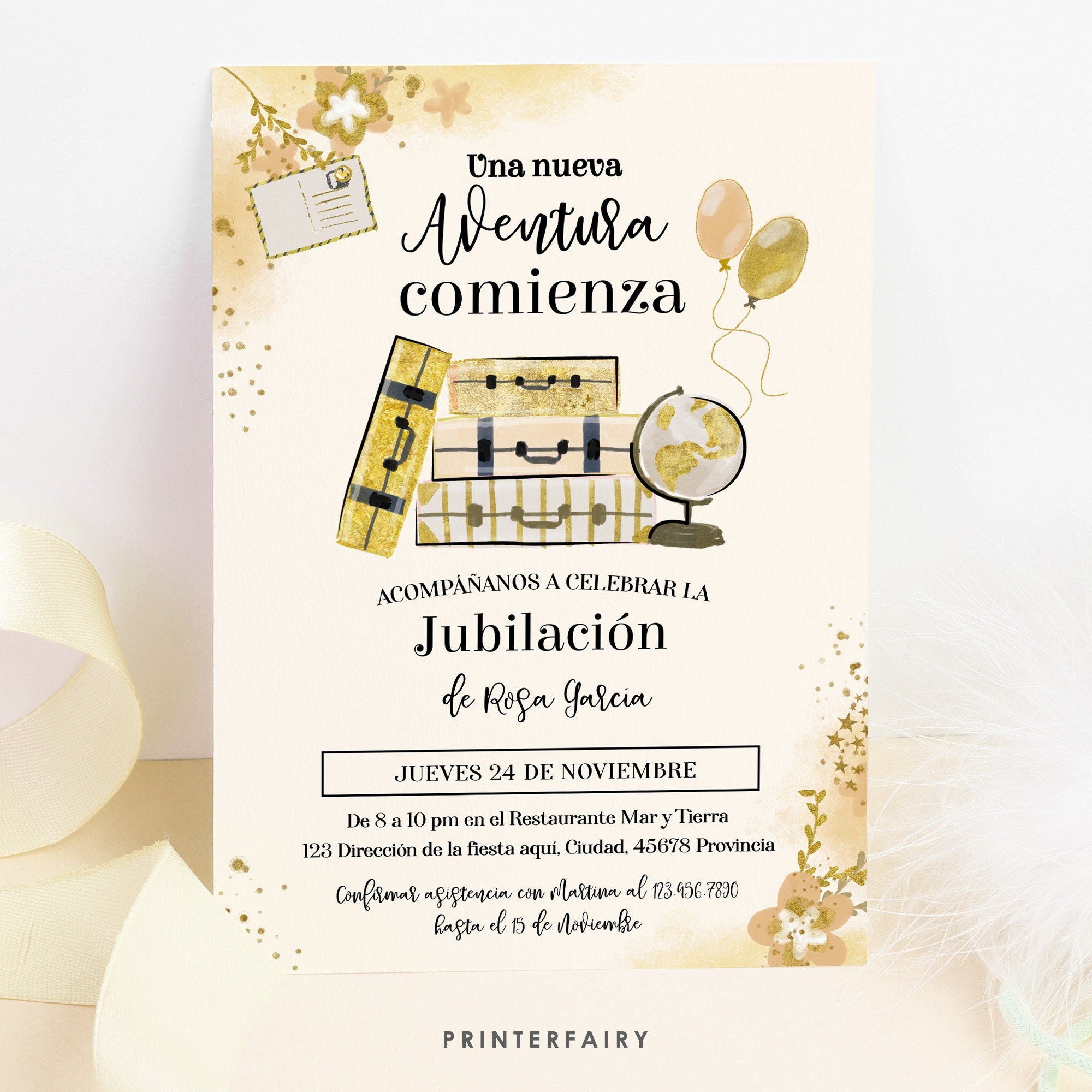 Retirement Party Invitation, "Una Nueva Aventura Comienza", Invitación de Jubilación, Fiesta de Retiro, Spanish, Español, Editable in Corjl