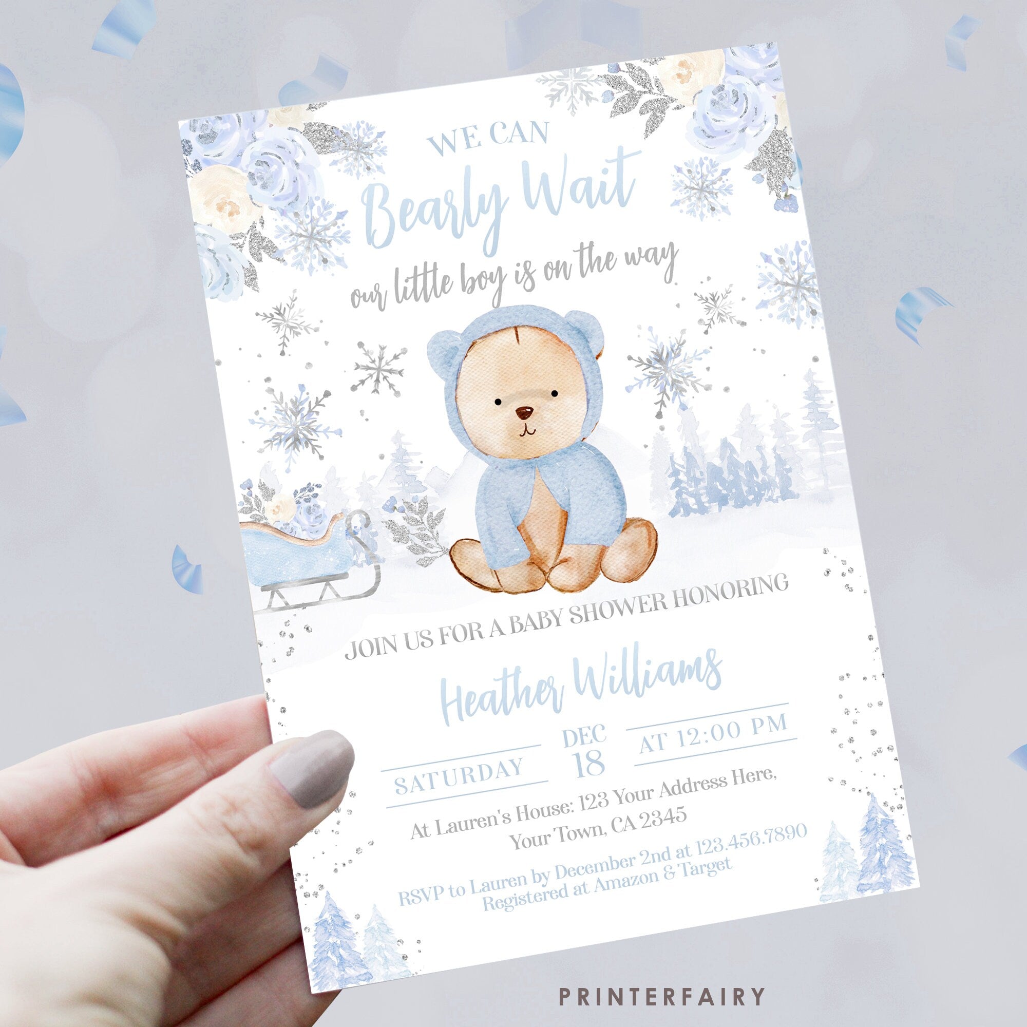 Bear Baby Shower Invitation Editable Template, Winter Shower, Instant Download