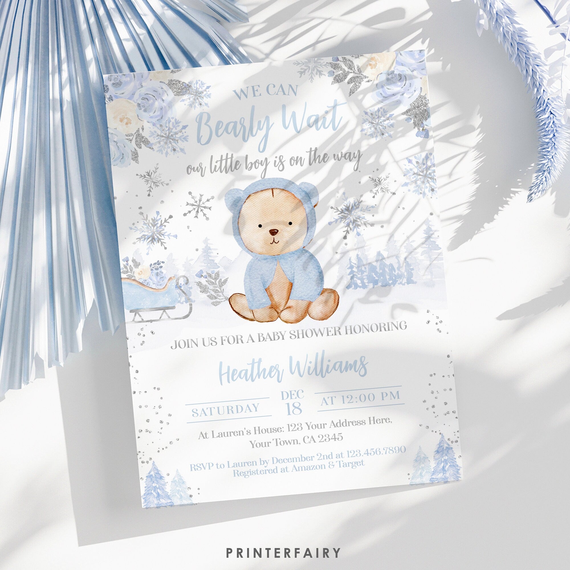 Bear Baby Shower Invitation Editable Template, Winter Shower, Instant Download