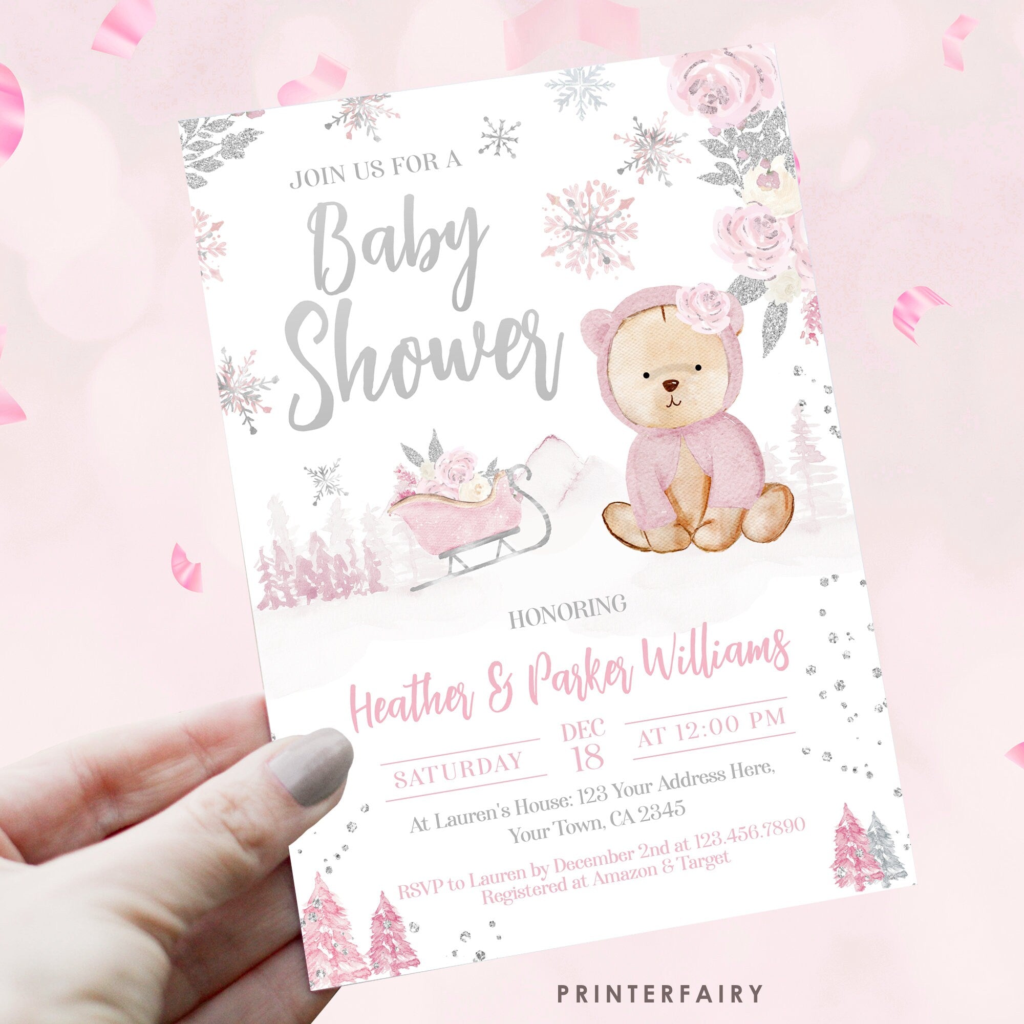 Winter Bear Baby Shower Invitation, Editable Template (Digital Download)