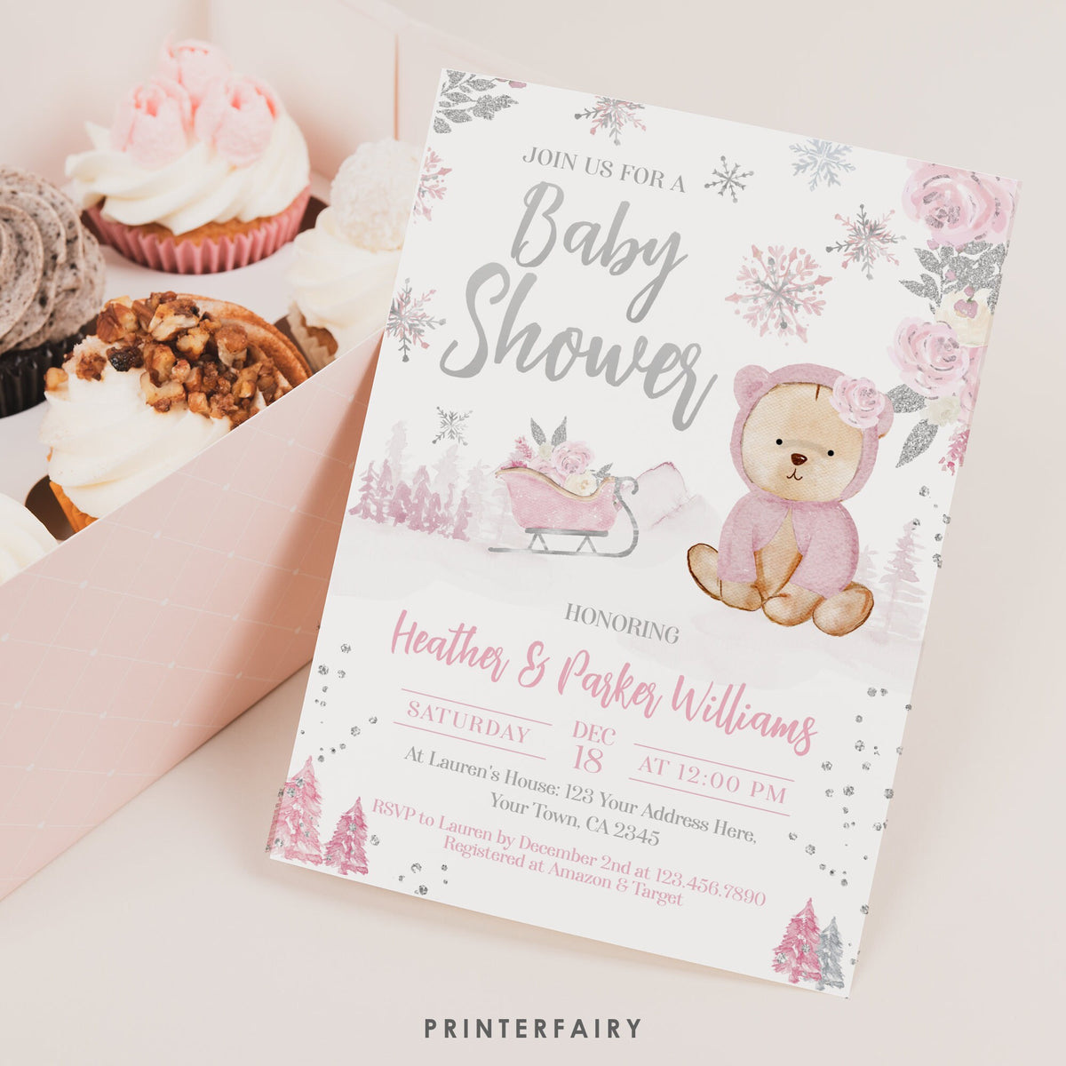 Winter Bear Baby Shower Invitation, Editable Template (Digital Download)