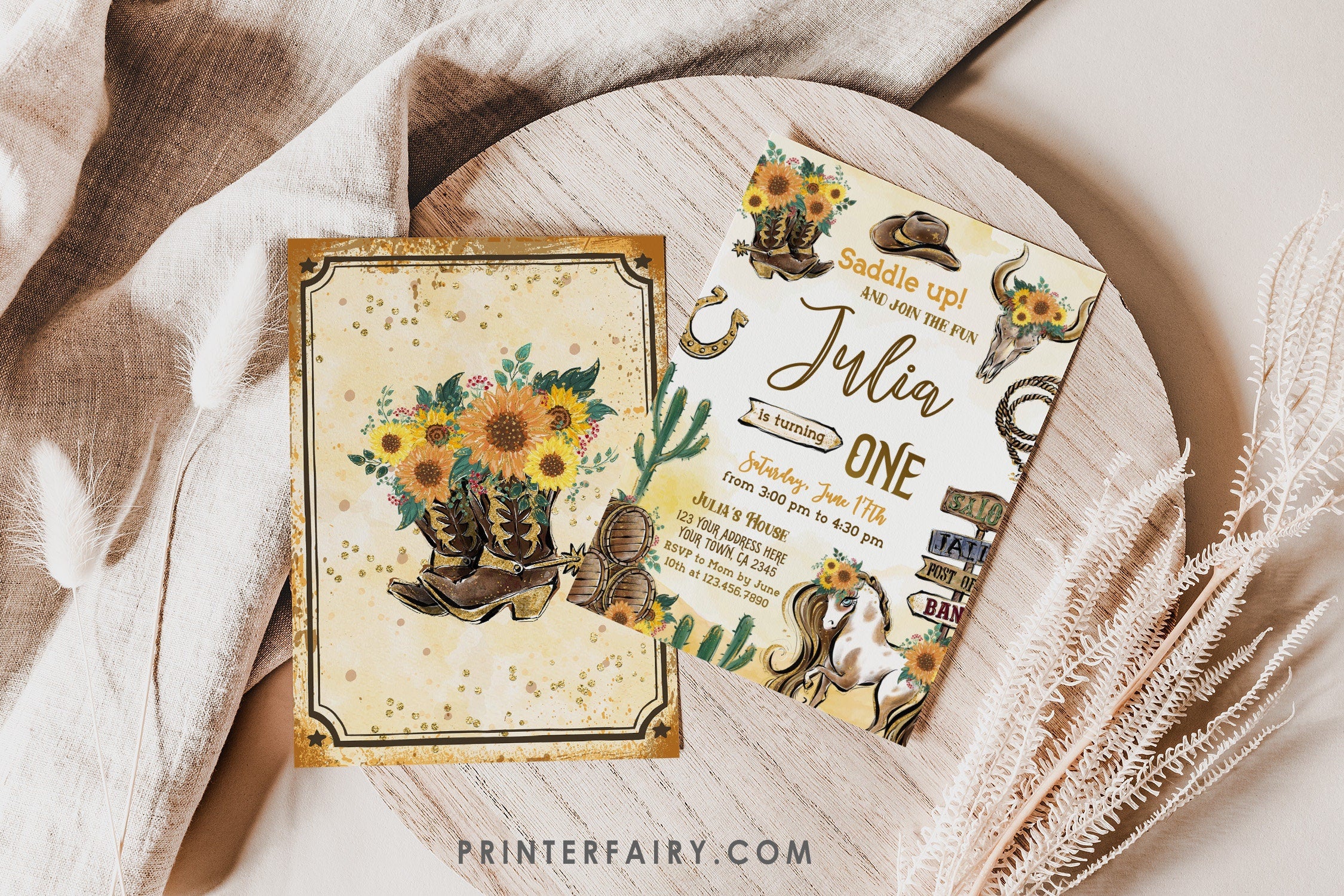 Cowgirl First Birthday Invitation: Wild West Rodeo, Editable in Corjl (Digital Download)