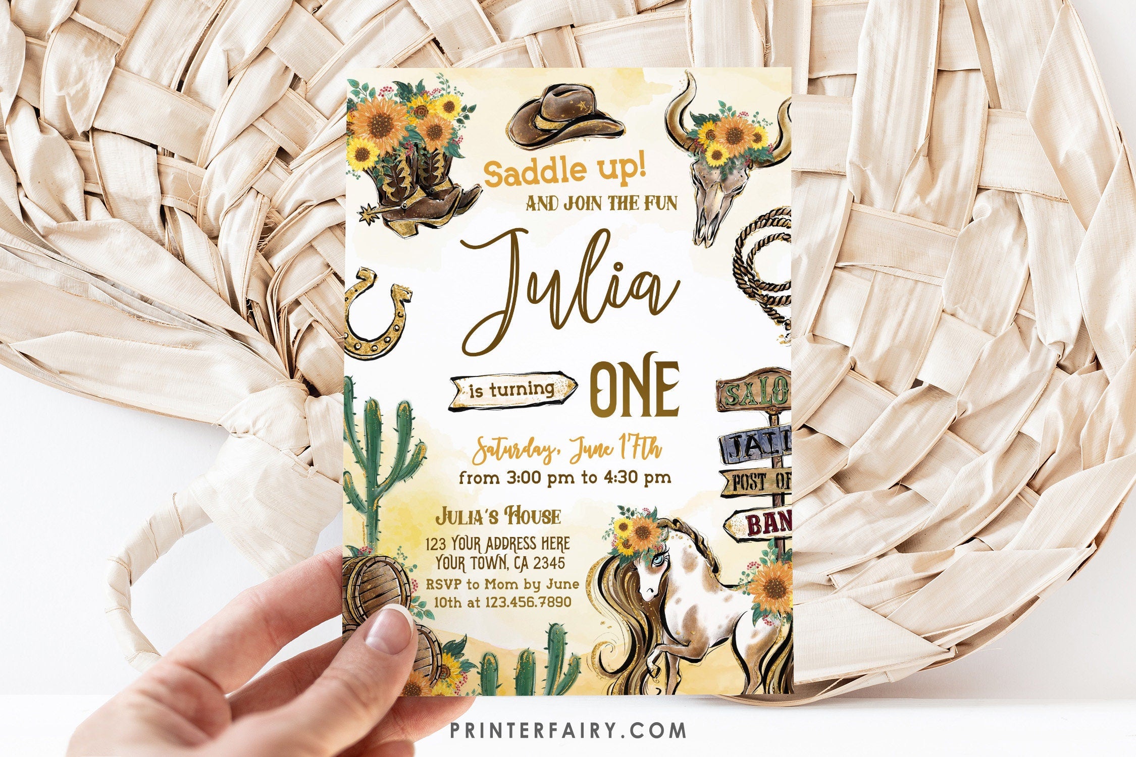 Cowgirl First Birthday Invitation: Wild West Rodeo, Editable in Corjl (Digital Download)