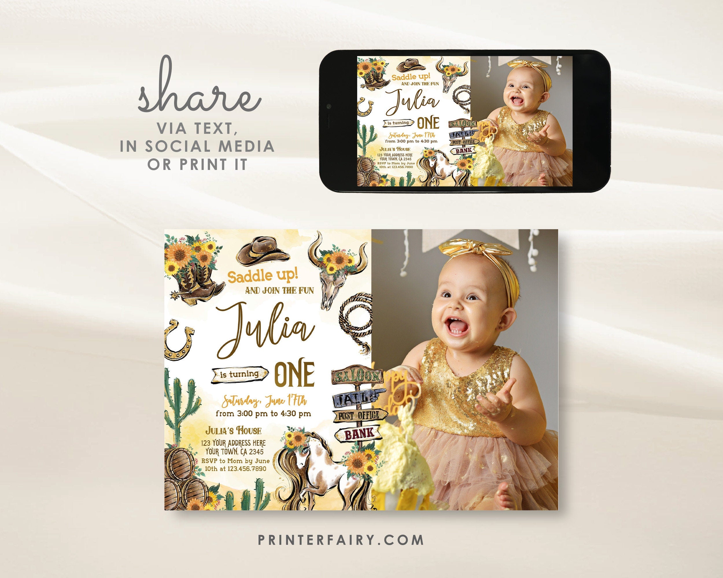Cowgirl First Birthday Photo Invitation: Wild West, Editable (Digital Download)