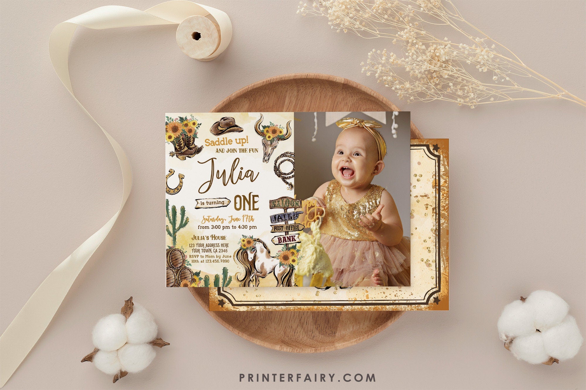 Cowgirl First Birthday Photo Invitation: Wild West, Editable (Digital Download)