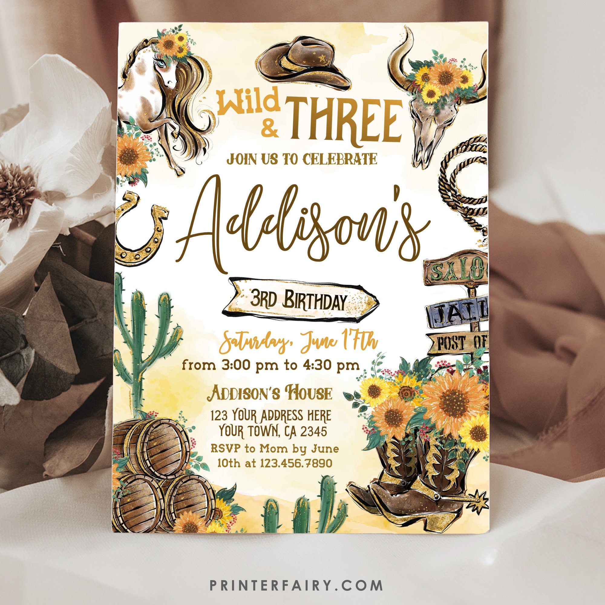 Wild West Birthday Invitation: Cowgirl, Horse, Editable Corjl (Digital)