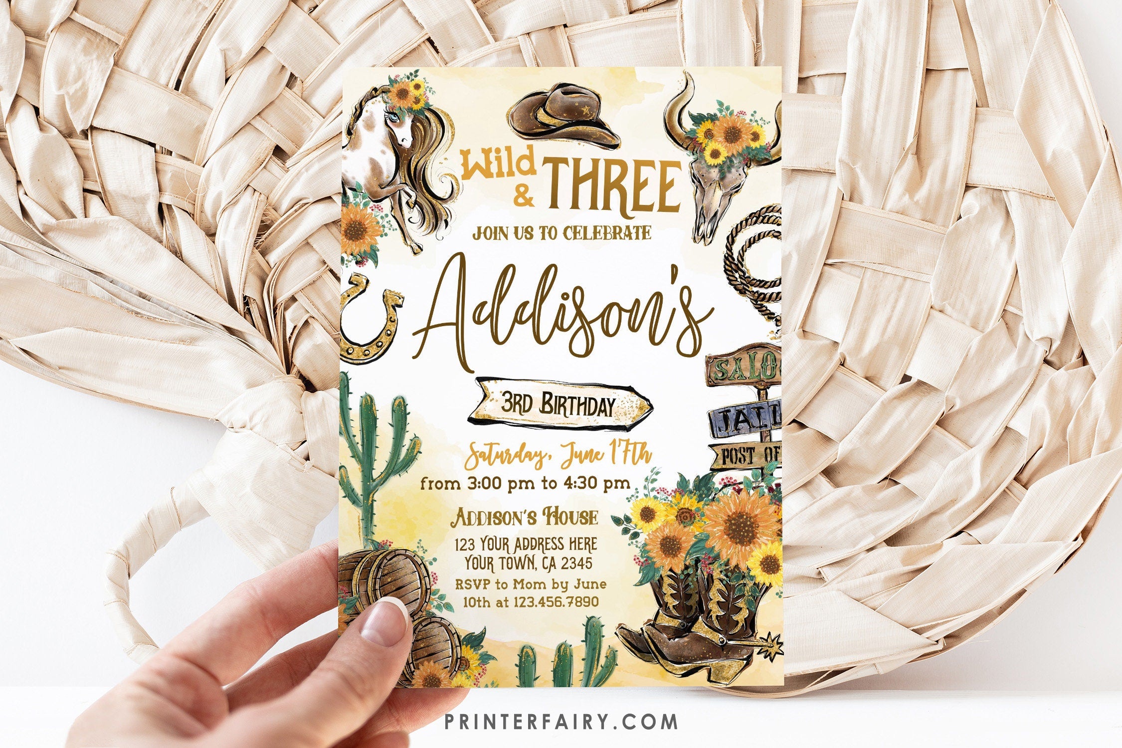 Wild West Birthday Invitation: Cowgirl, Horse, Editable Corjl (Digital)