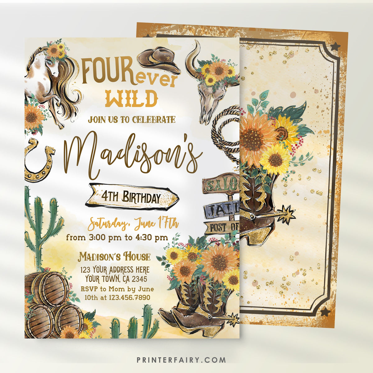 Four Ever Wild Cowgirl 4th Birthday Invitation (Digital Download)