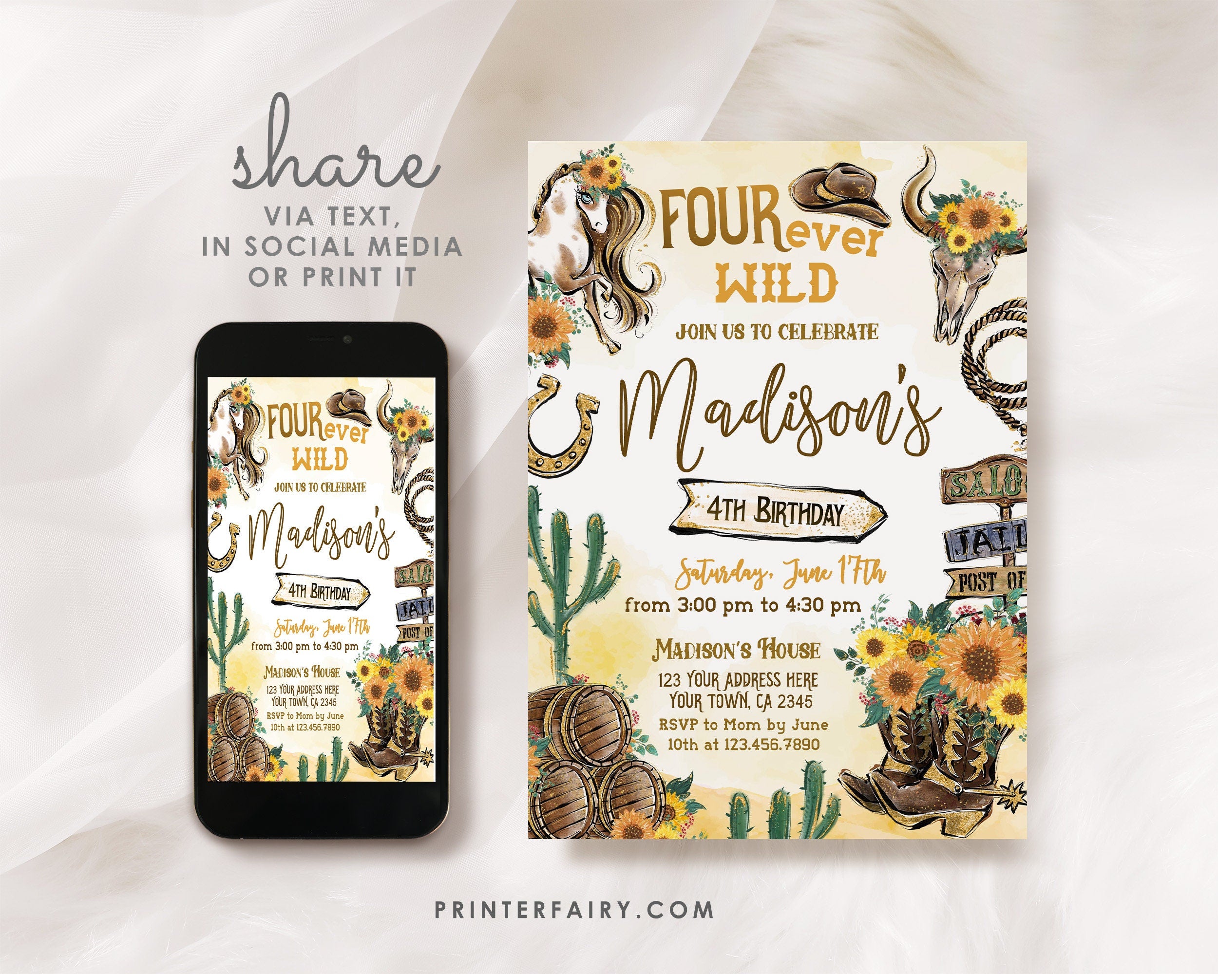 Four Ever Wild Cowgirl 4th Birthday Invitation (Digital Download)