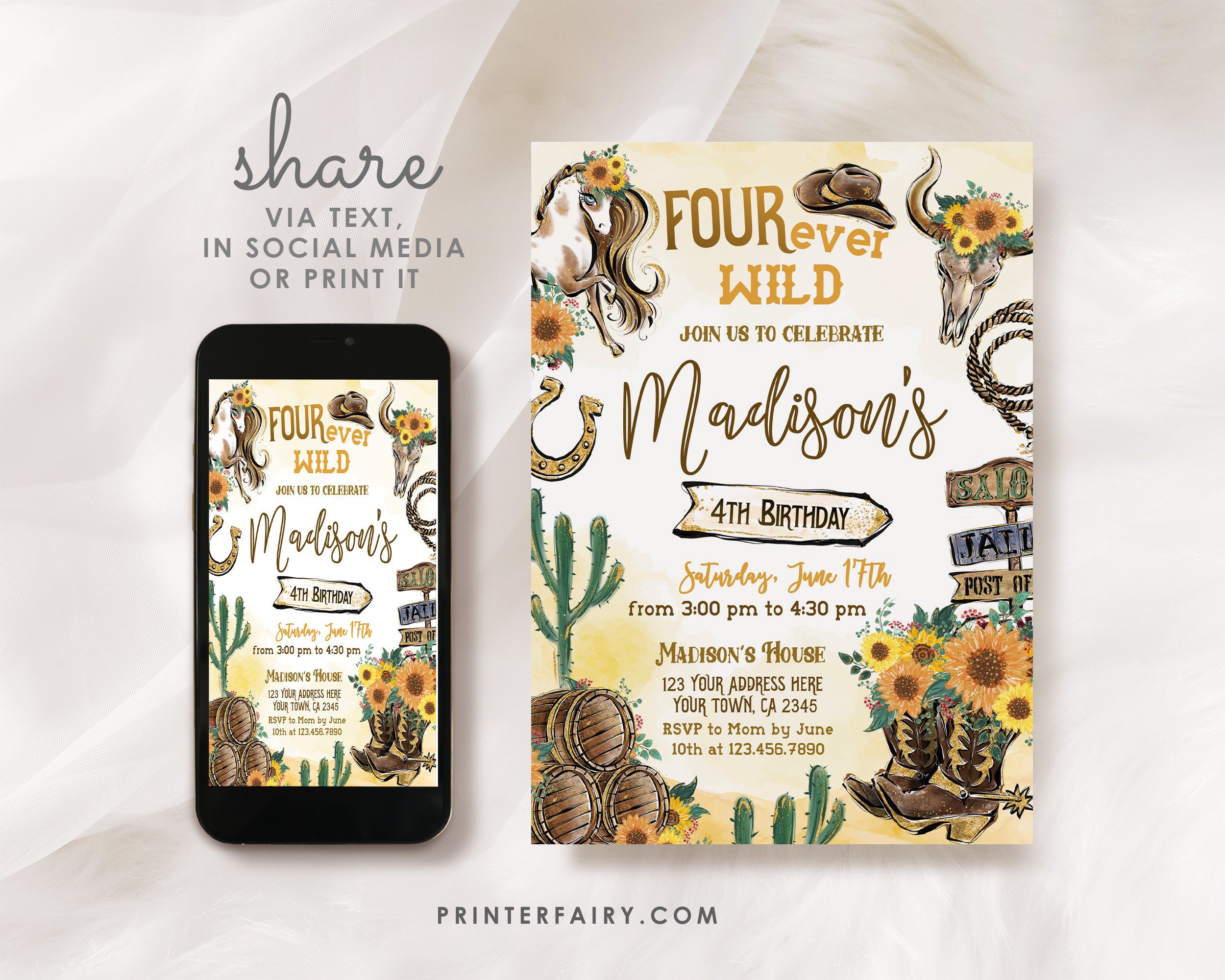 Four Ever Wild Cowgirl 4th Birthday Invitation (Digital Download)