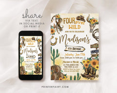 Four Ever Wild Cowgirl 4th Birthday Invitation (Digital Download)