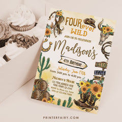 Four Ever Wild Cowgirl 4th Birthday Invitation (Digital Download)