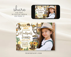 Cowgirl "Four Ever Wild" 4th Birthday Invitation: Photo, Horse, Rustic (Editable in Corjl)