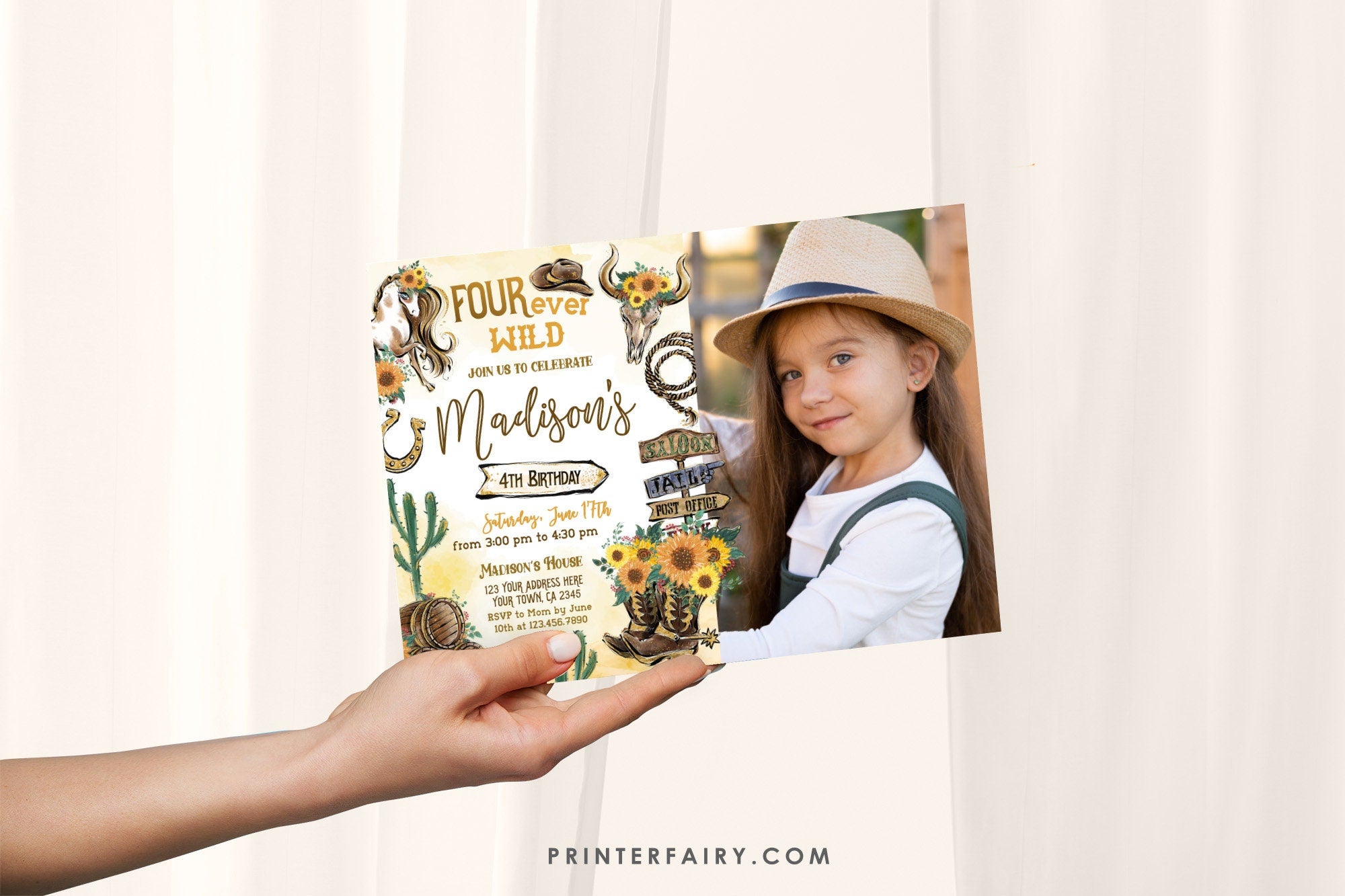Cowgirl "Four Ever Wild" 4th Birthday Invitation: Photo, Horse, Rustic (Editable in Corjl)