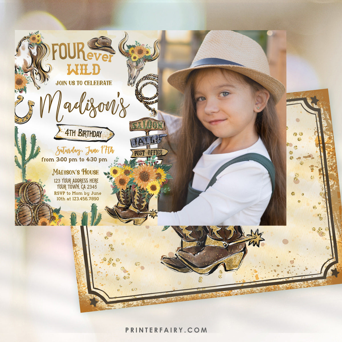 Cowgirl "Four Ever Wild" 4th Birthday Invitation: Photo, Horse, Rustic (Editable in Corjl)