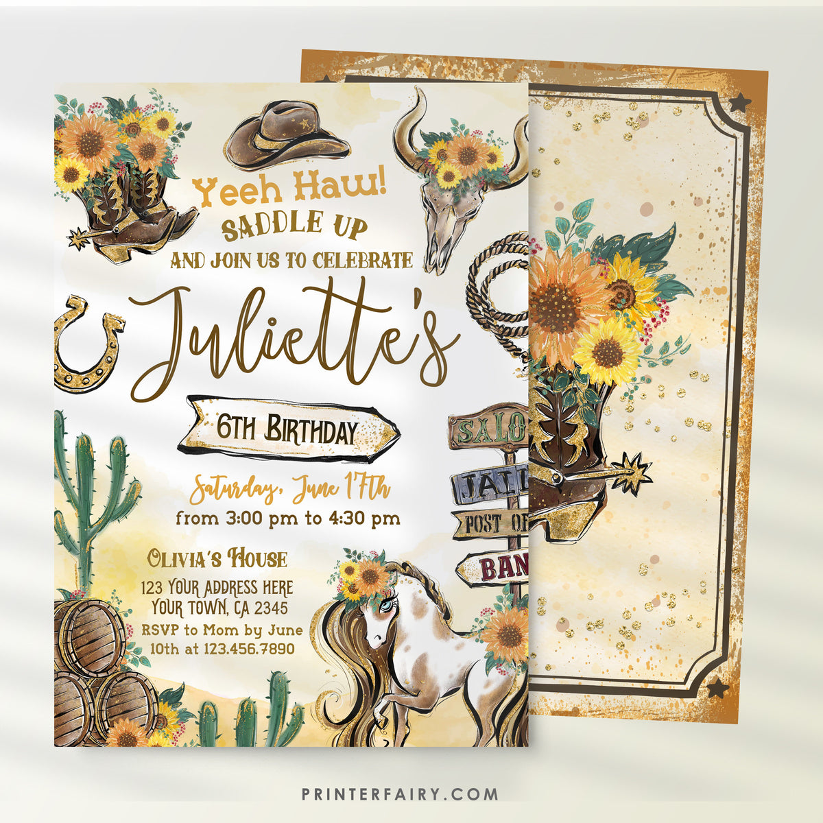 Cowgirl Birthday Invitation, Wild West Rodeo (Instant Download)
